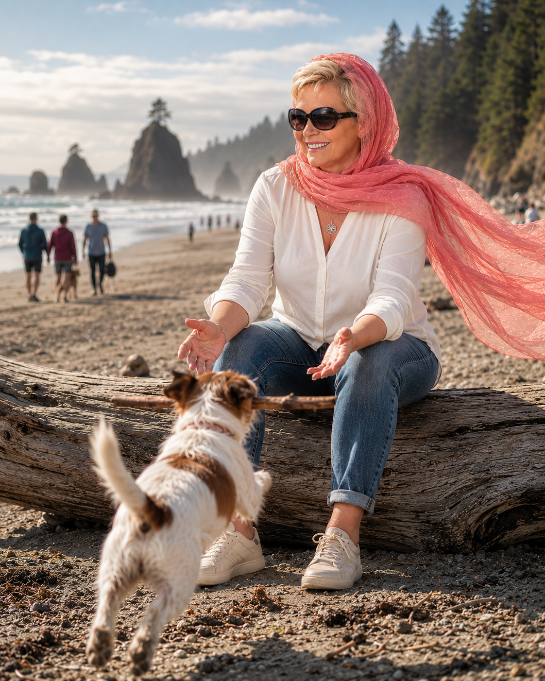 Joyful portrait of an ageless woman with blonde hair and a pink shawl, laughing on a rugged Pacific Northwest beach.
