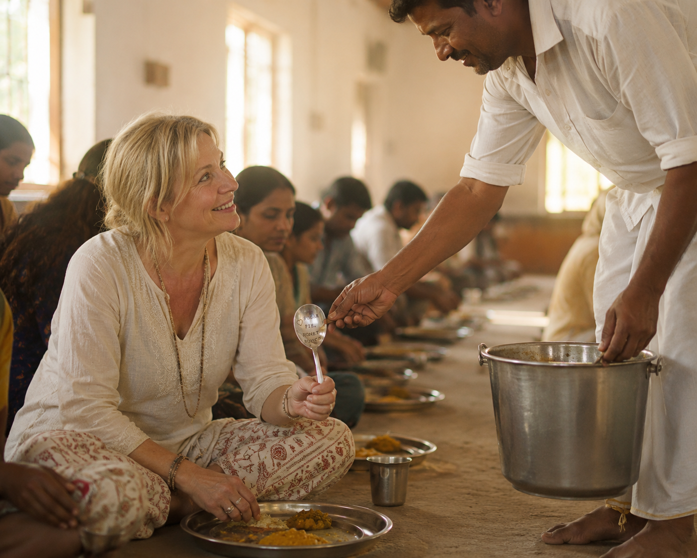 A smiling blonde woman sitting on the floor of a South Indian temple ashram dining hall, receiving a metal spoon from a local food server.