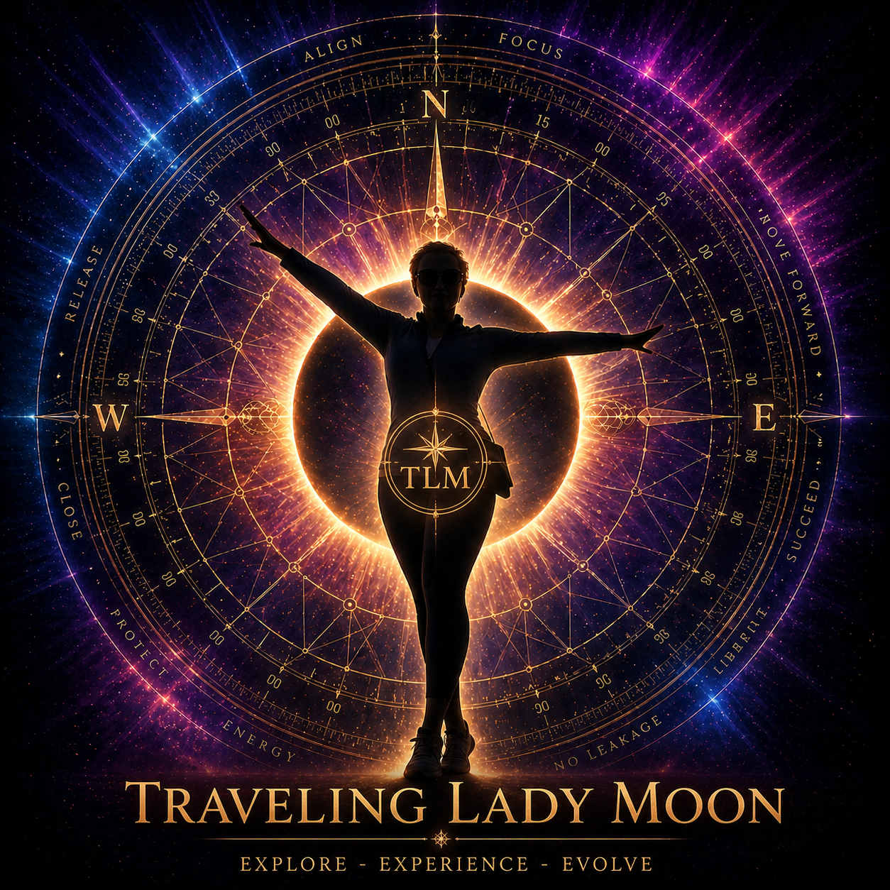 Traveling Lady Moon cosmic compass emblem on an old-world map background.
