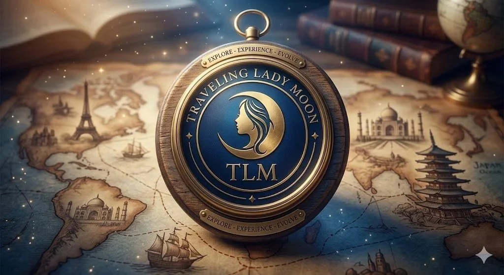 A round traveling medal with a blue and gold design, featuring a woman's profile, the words "Traveling Lady Moon," and the acronym "TLM". It is placed on an old world map showing continents, landmarks, and ships, with books and a globe in the background.