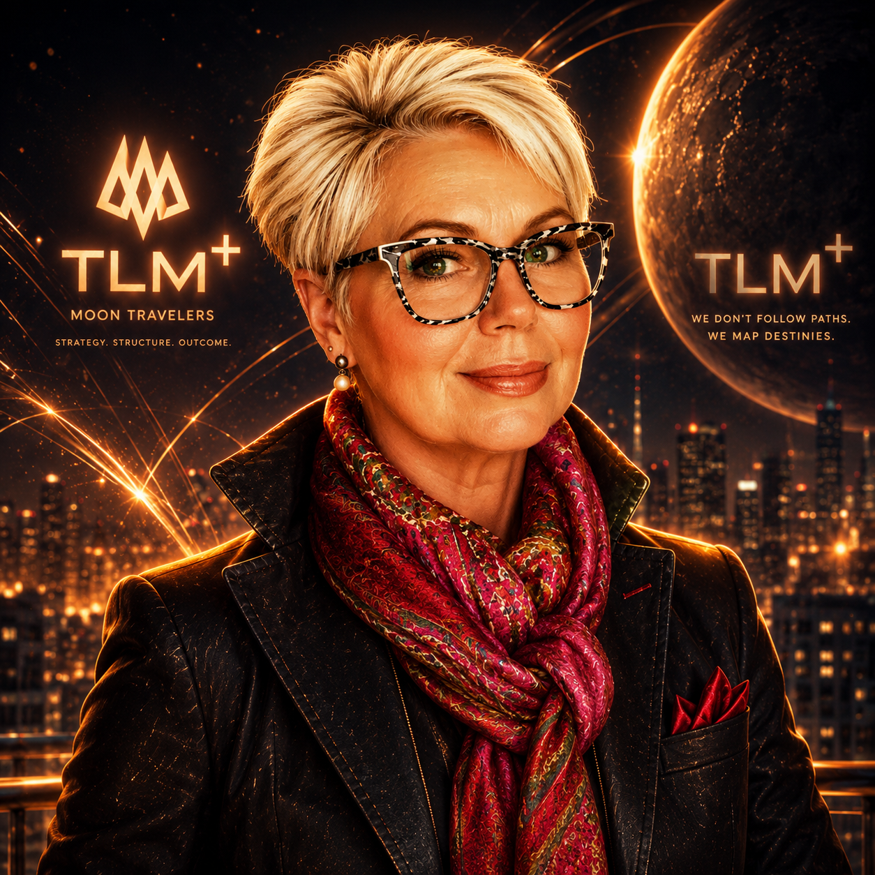 A confident woman with short, platinum blonde hair and glasses, wearing a black jacket, red scarf, and earrings, standing against a futuristic cityscape with illuminated buildings and celestial elements, promoting TLM+ Moon Travelers with tagline 'We don't follow paths. We map destinies.'.