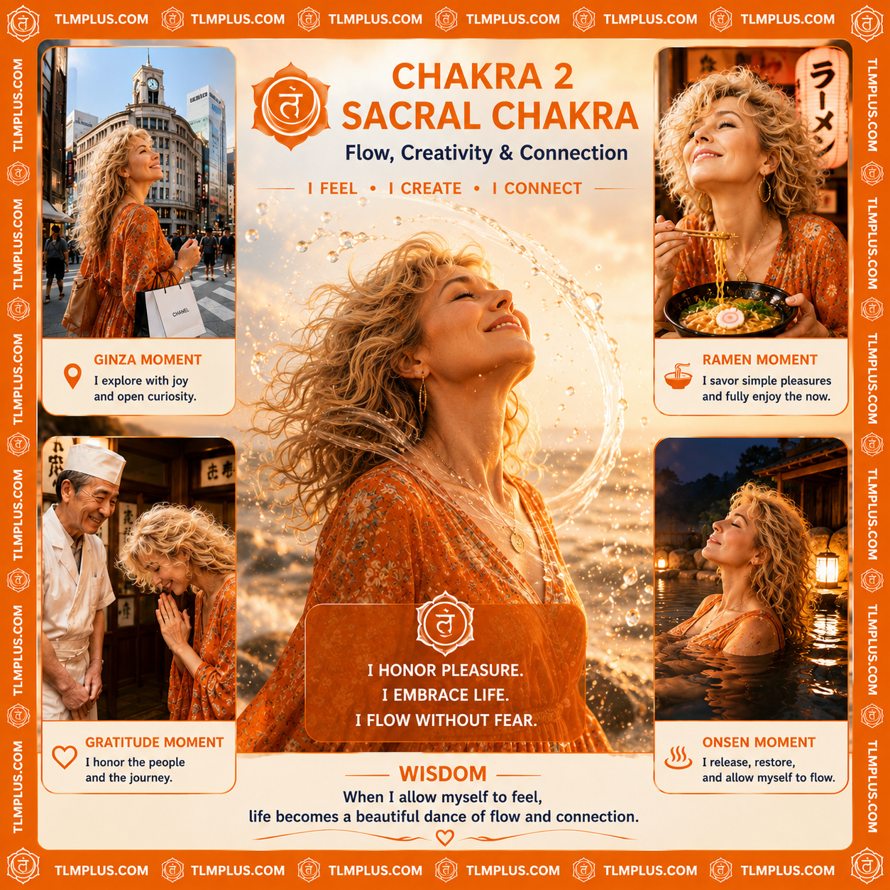 Card 2: The Sacral Chakra (Stage 2 — Flow & Connection)
The Sister: The Explorer
The Sacred Alignment: Osaka & Kyoto / Kansai Region

The Vibe: "Being born again in healing waters." Shifting from corporate survival to absolute, radiant pleasure. This