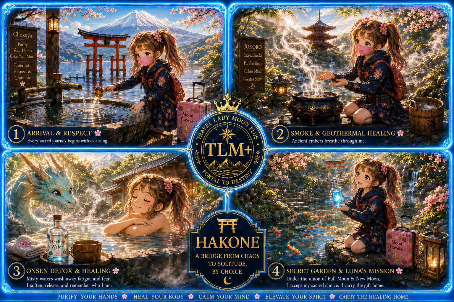A 4-panel anime art collage showing Luna’s sacred Hakone pilgrimage: Chozuya purification at Lake Ashi, Jokoro incense smoke healing, geothermal onsen detox with the dragon spirit, and the secret garden under the twin moons.