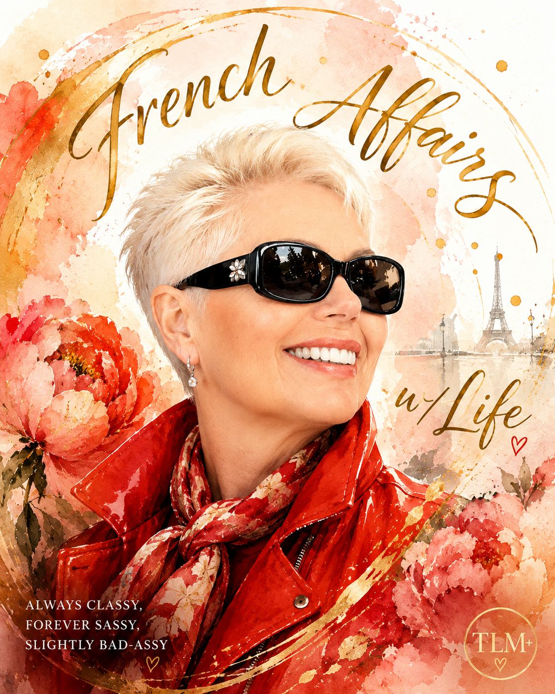 A smiling woman with short blonde hair, wearing large black sunglasses with a flower detail, earrings, and a red floral scarf and jacket. The background features watercolor style pink flowers, the Eiffel Tower, and the words "French Affairs w/ Life," along with phrases "Always classy, forever sassy, slightly bad-assy" and a small red heart.