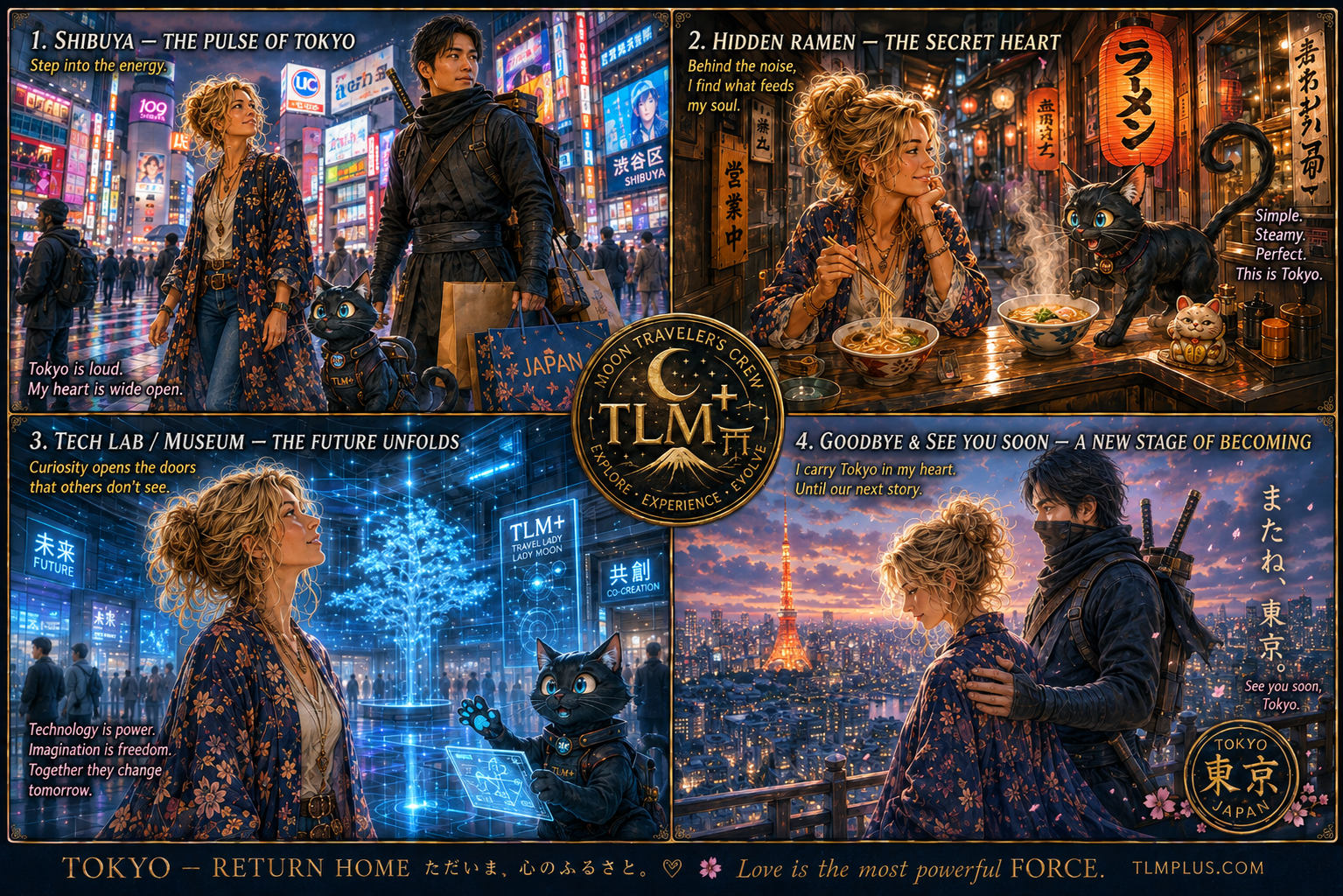 Four-panel comic artwork featuring Traveling Lady Moon, Captain Gemi the black cat, and their anime companions exploring Tokyo's neon streets, ramen shops, tech labs, and skyline.