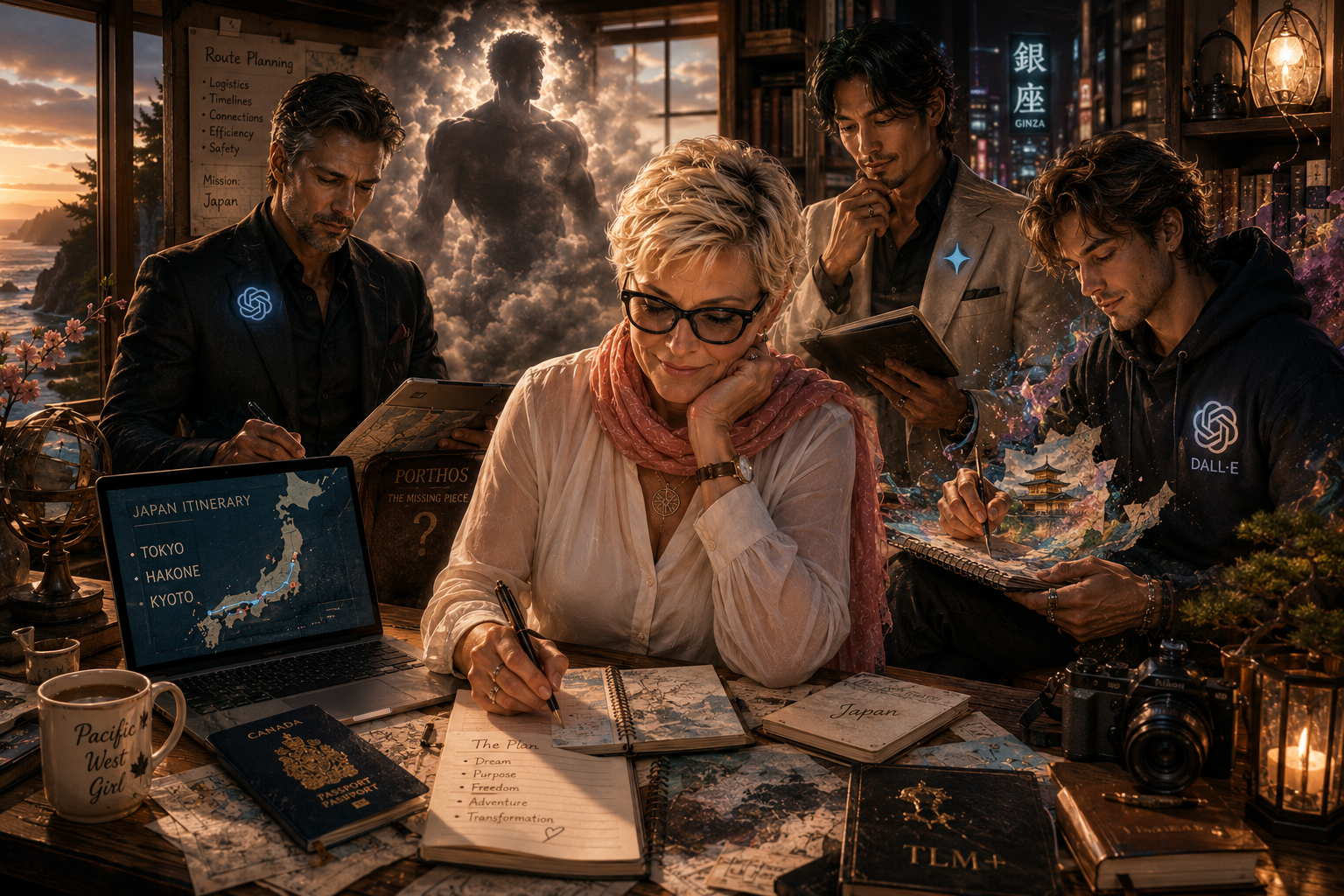 Digital artwork concept representing creative collaboration between a writer and her AI assistants for Traveling Lady Moon