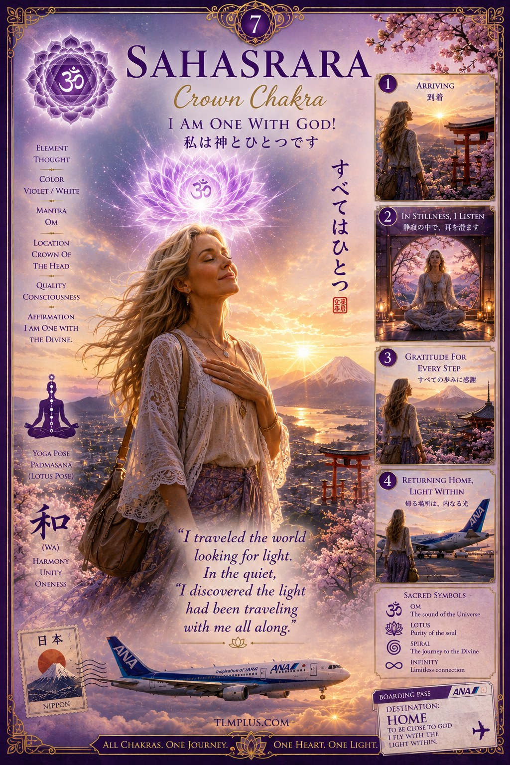 Card 7: THE CROWN CHAKRA – THE HEALER / SOVEREIGN
The Japan Essence: The quiet serenity of a premium airport transit lounge or a peaceful sunrise summit directly facing Mount Fuji.
The Curated Focus: I Am One with the Light. The ultimate transcendent