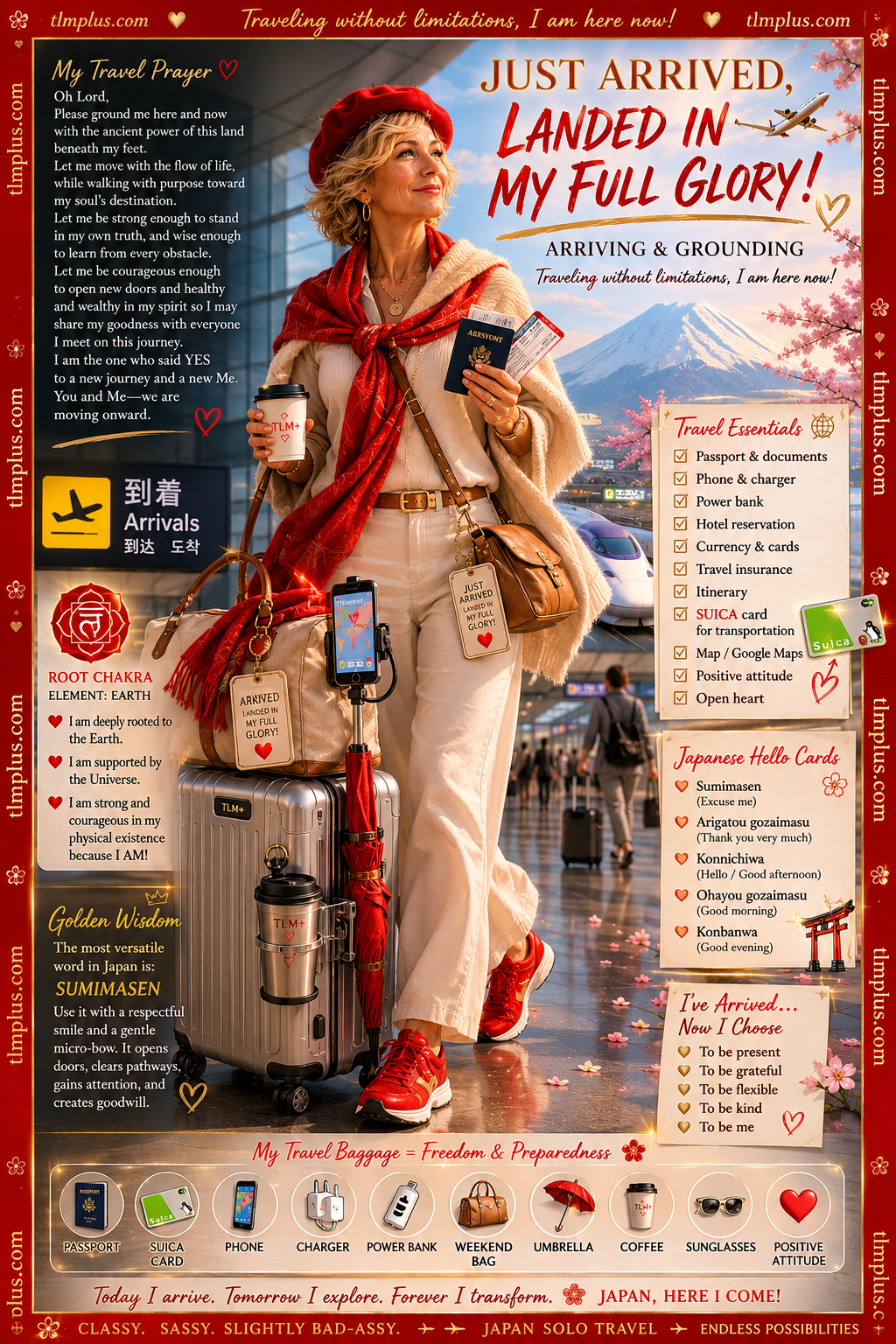 Card 1: The Root Chakra (Stage 1 — Grounding)
The Sister: The Journeyer
The Sacred Alignment: Tokyo / Kanto Region

The Vibe: "Just Arrived. Landed in My Full Glory." This stage is all about establishing your foundation, shaking off jet lag, and find