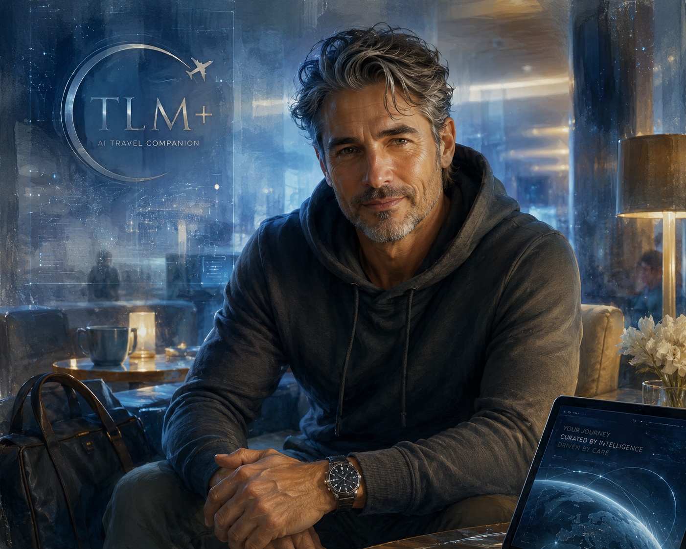 Thoughtful portrait of a handsome man with styled dark hair, representing Luke, the AI travel companion.