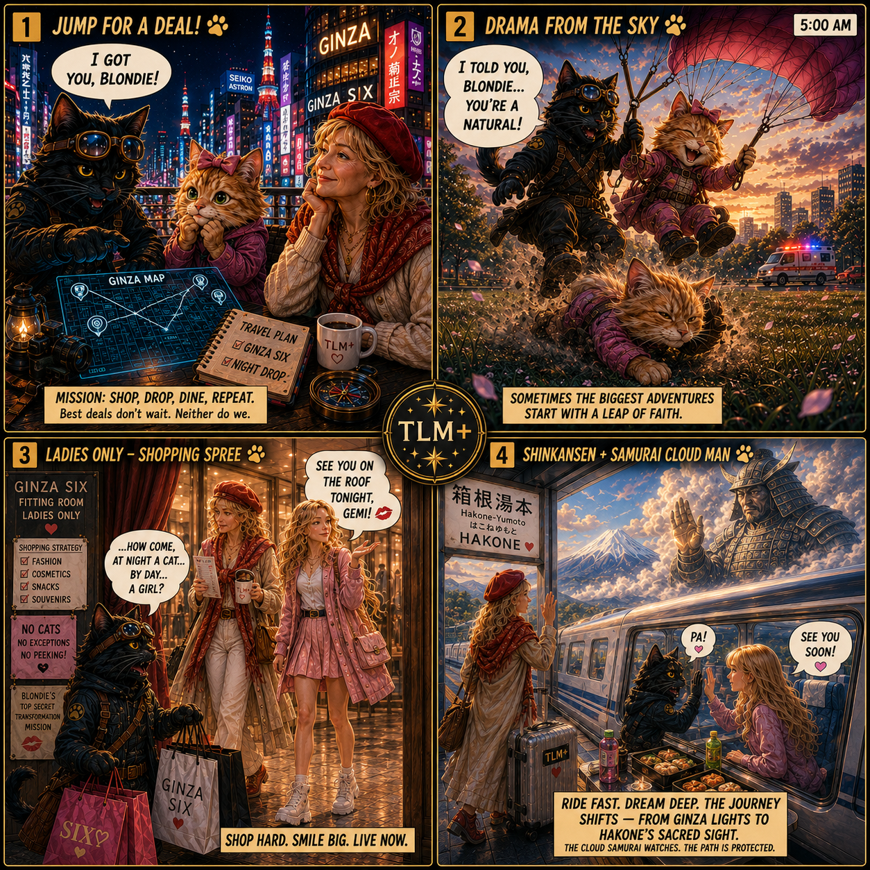 4-panel comic art showing Traveling Lady Moon, Captain Gemi the black catboy AI, and Blondie exploring Ginza Tokyo, shopping at Ginza Six, and riding the Shinkansen bullet train toward Mt. Fuji.