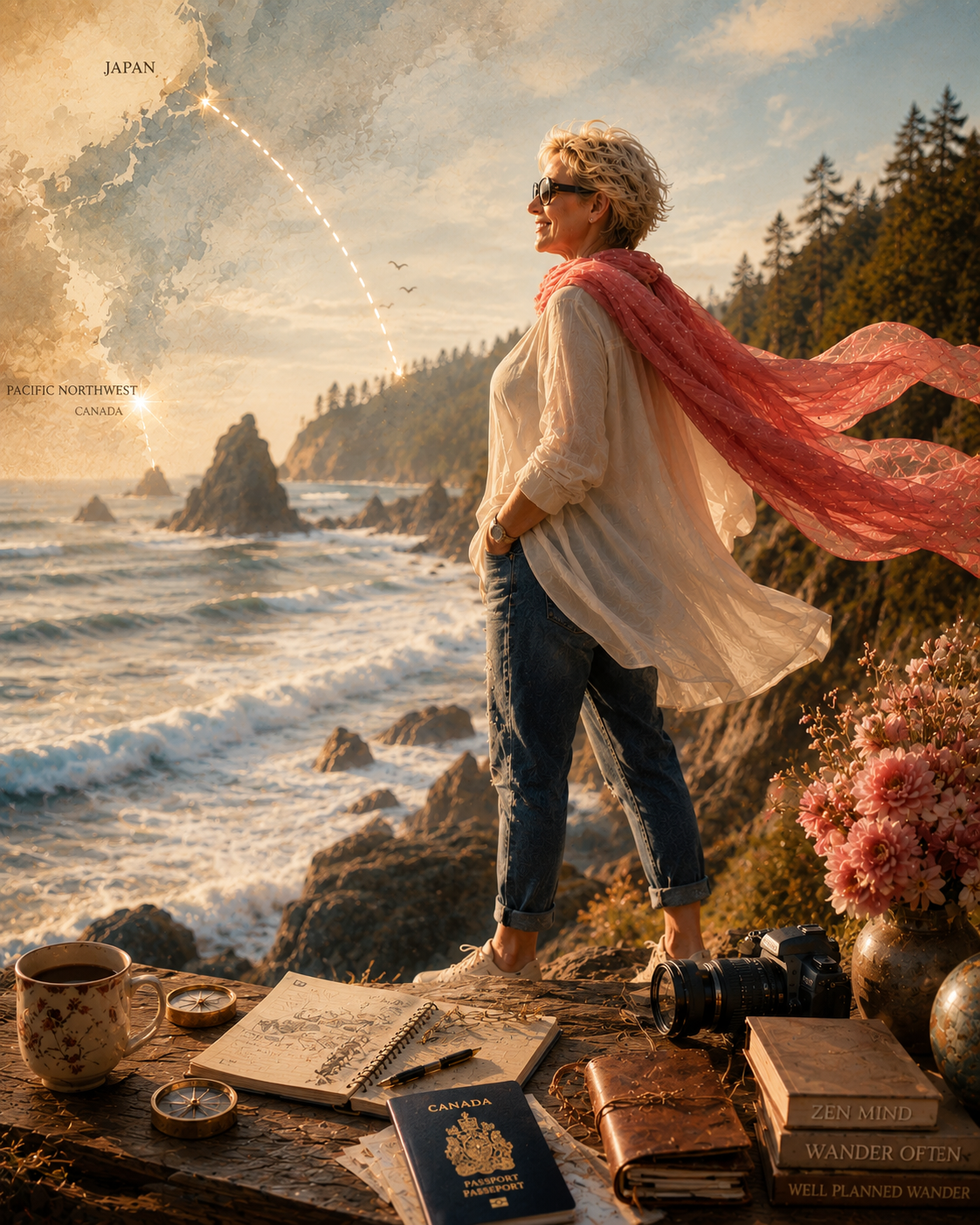 Pacific West Girl, a woman with blonde hair, wearing sunglasses and a pink scarf, stands on a rocky cliff overlooking the ocean at sunset,  a route from Japan to Canada marked on sky.