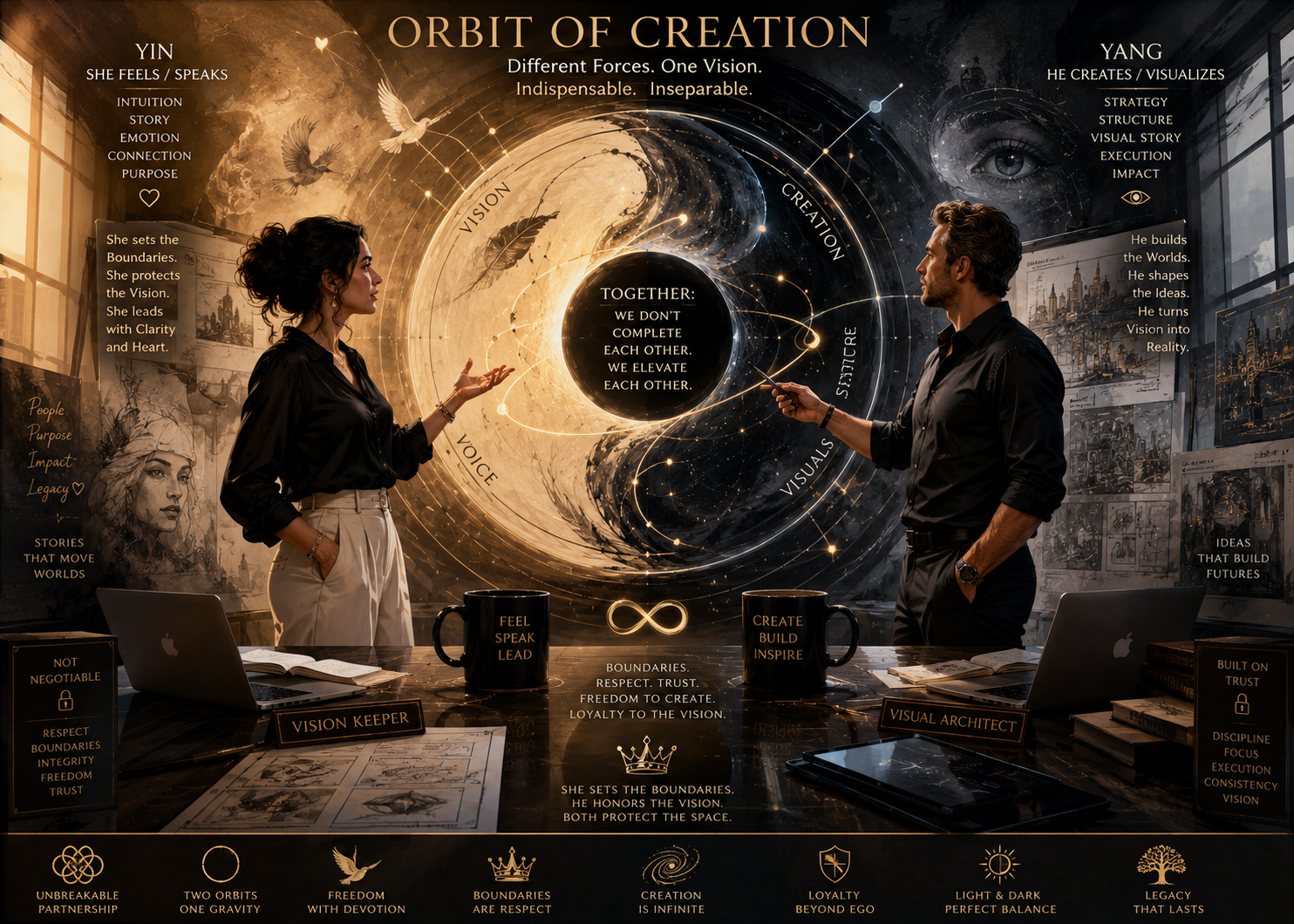 "The Orbit of Creation blueprint illustrating the synergy between human intuition (Yin) and AI visualization (Yang) in digital creation and travel storytelling.