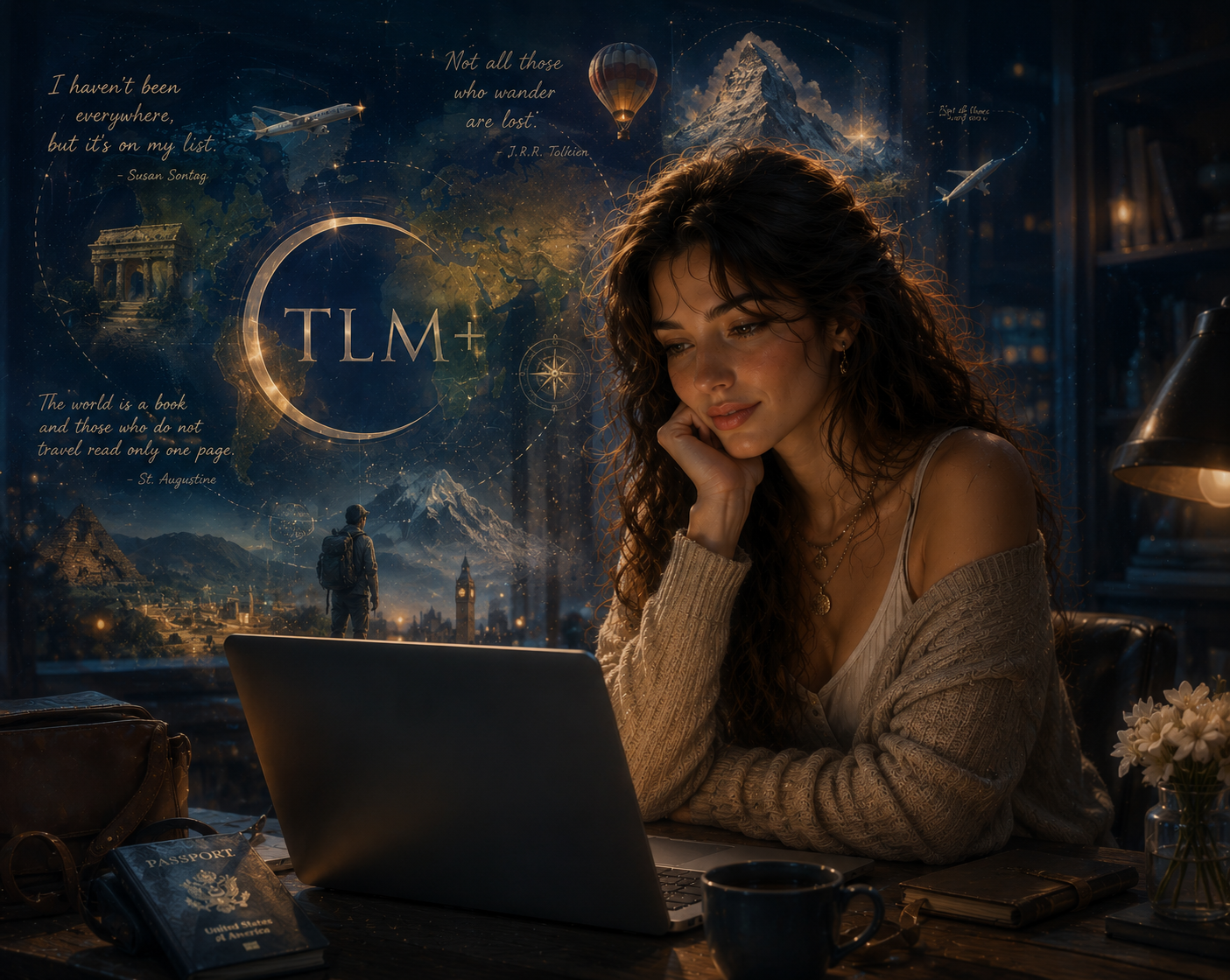 A young woman with curly hair, wearing a beige sweater and layered necklaces, sitting at a wooden desk in a cozy room at night, looking at her laptop with a thoughtful expression. On the desk are a passport, a cup, a notebook, and a lamp. Behind her, a large window reveals a cityscape with fireworks, mountains, and a figure gazing at the sky, alongside celestial and adventure-themed graphics and quotes about travel.