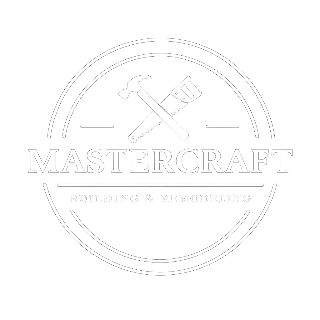 Neon-style logo for Mastercraft Building & Remodeling featuring a hammer and saw crossed above the text.