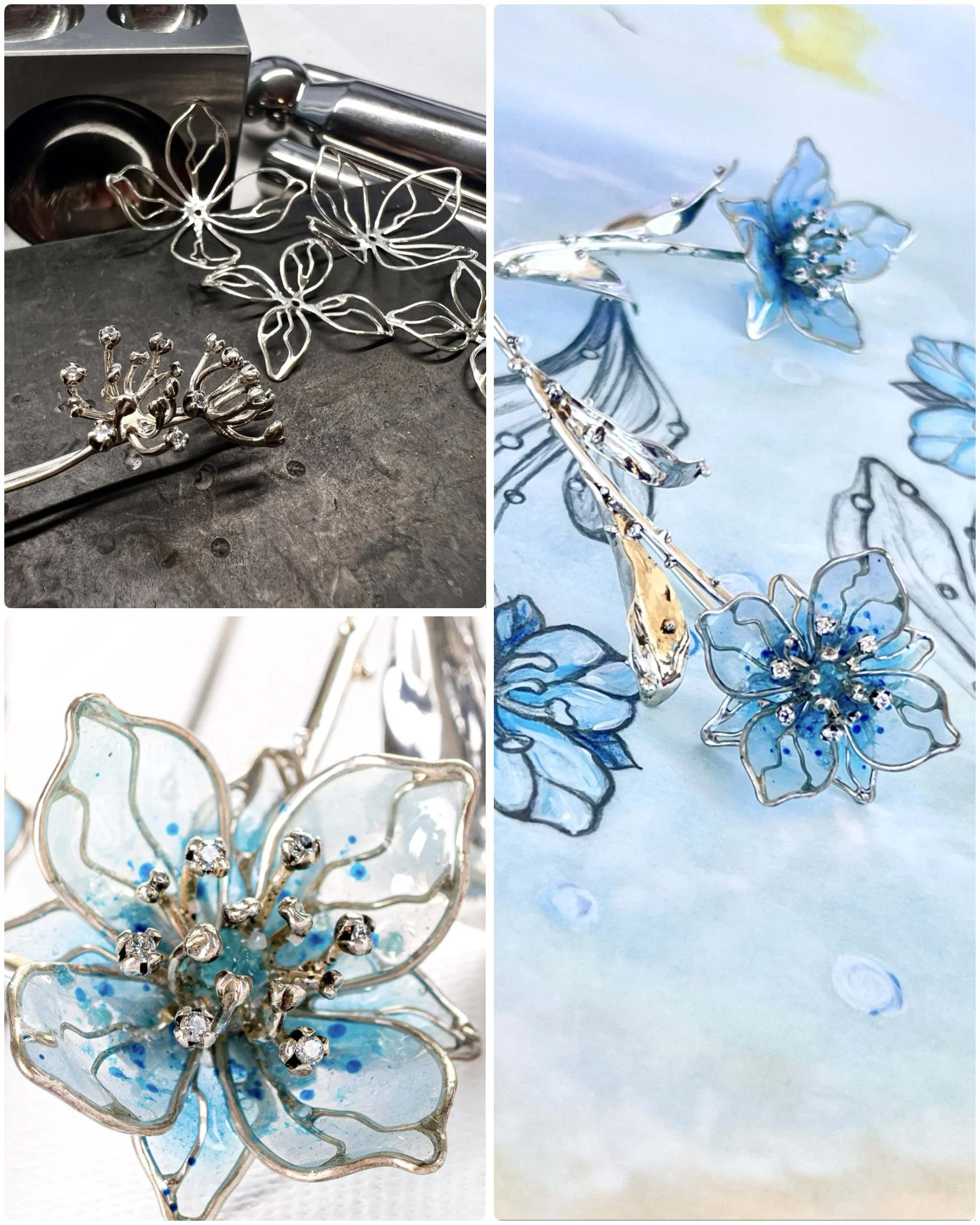 Close-up photo of silver jewelry pieces including floral-themed earrings and hairpins with blue accents, displayed on a textured grey surface and watercolor paper with floral illustrations.