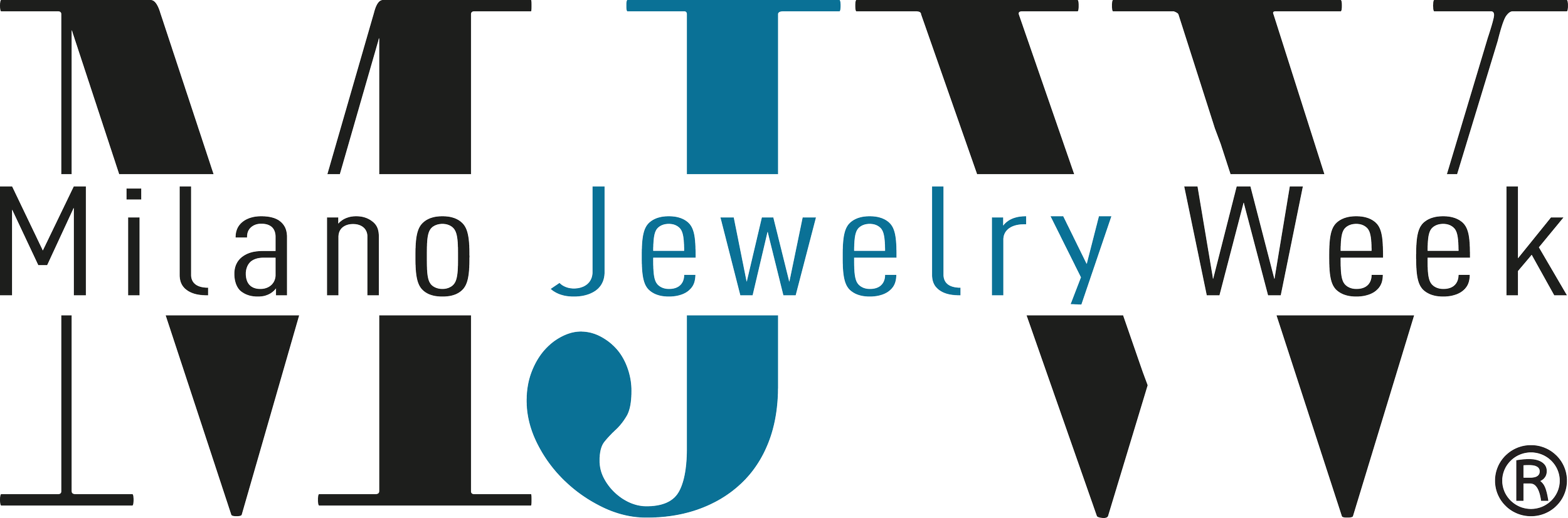 Logo for Milan Jewelry Week with stylized text in black and blue and a registered trademark symbol.
