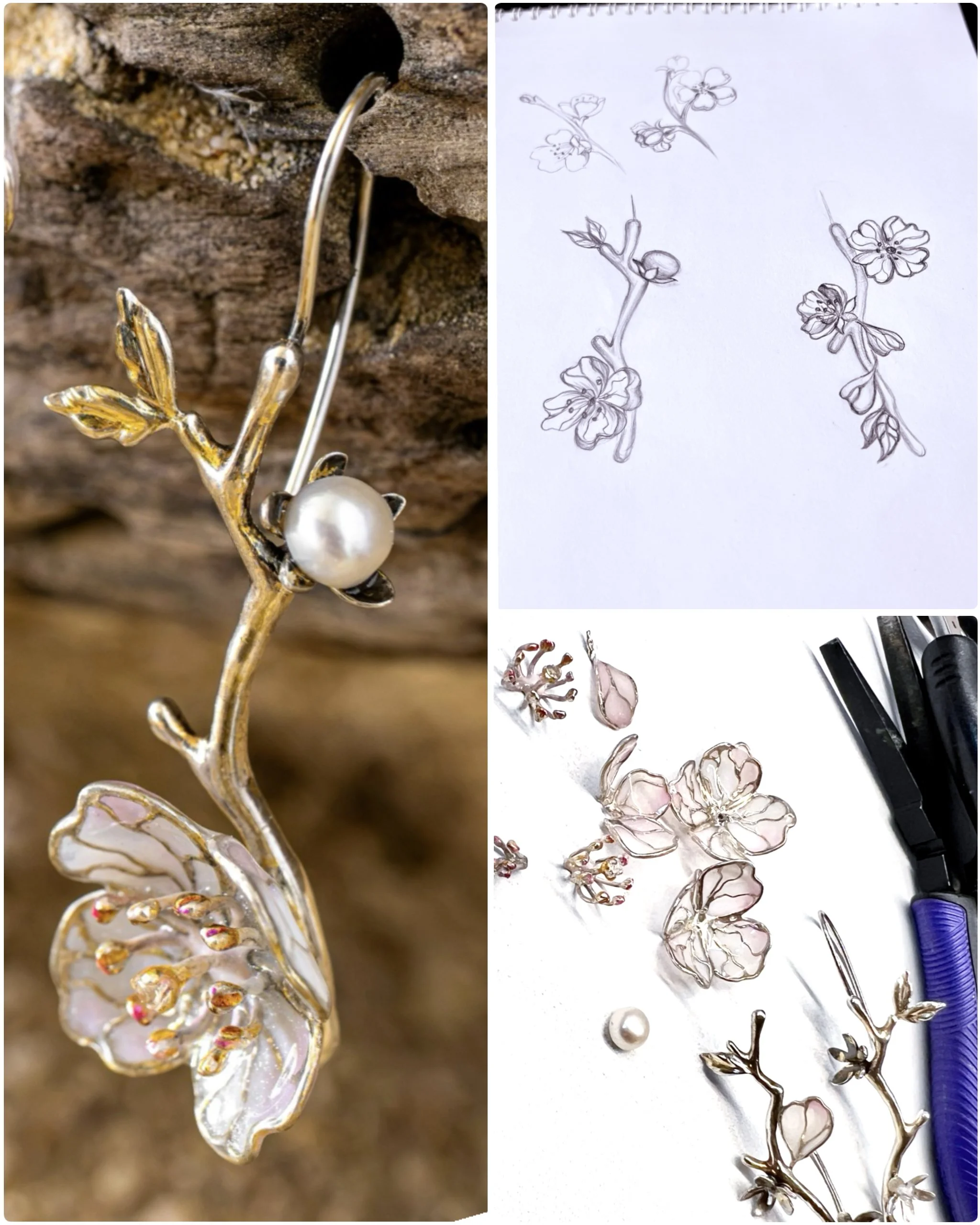 Comparison of jewelry designs, one photo shows a gold floral bracelet with a pearl, the other shows sketches of similar floral jewelry pieces on paper.
