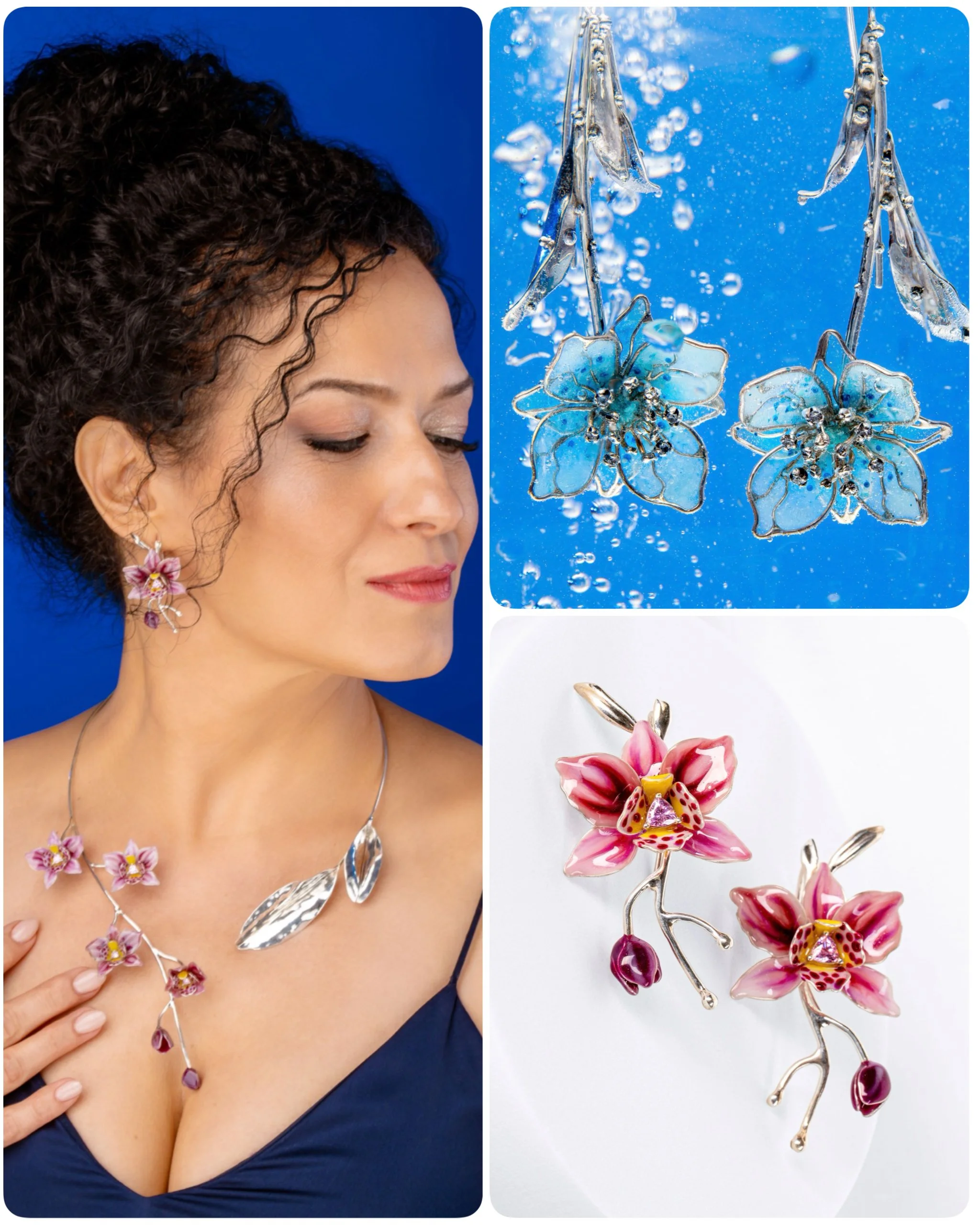A woman with dark, curly hair wearing a blue dress, and floral jewelry with pink and purple flowers. The jewelry includes a necklace, earrings, and a bracelet, all designed with glass or gemstone flowers and silver or metallic stems.