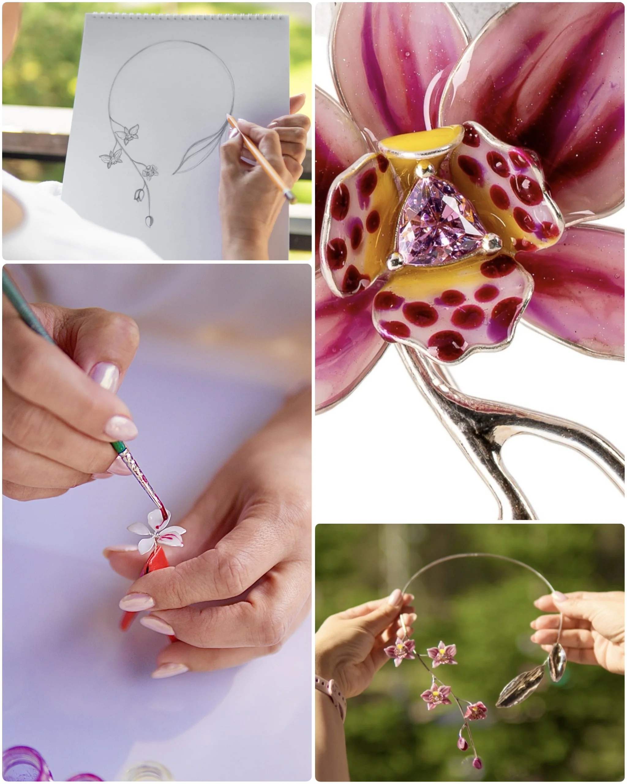 Steps of making a glass flower ornament: drawing a flower outline, painting with pink and yellow colors, attaching small pink flowers, and holding the finished ornament outside with grass background.