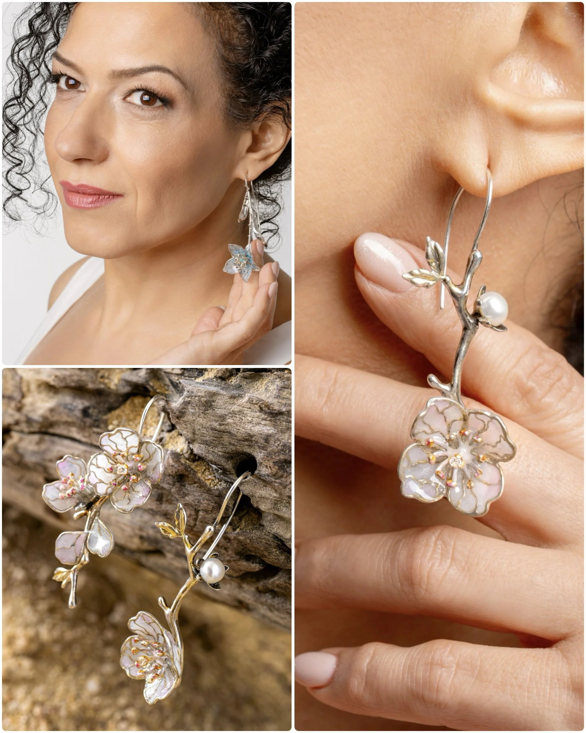Close-up images of a silver flower-shaped earring with pink, white, and gold accents, worn by a woman with curly hair. The earring features a pearl and detailed petal design, and the woman is holding it near her ear in the second image.