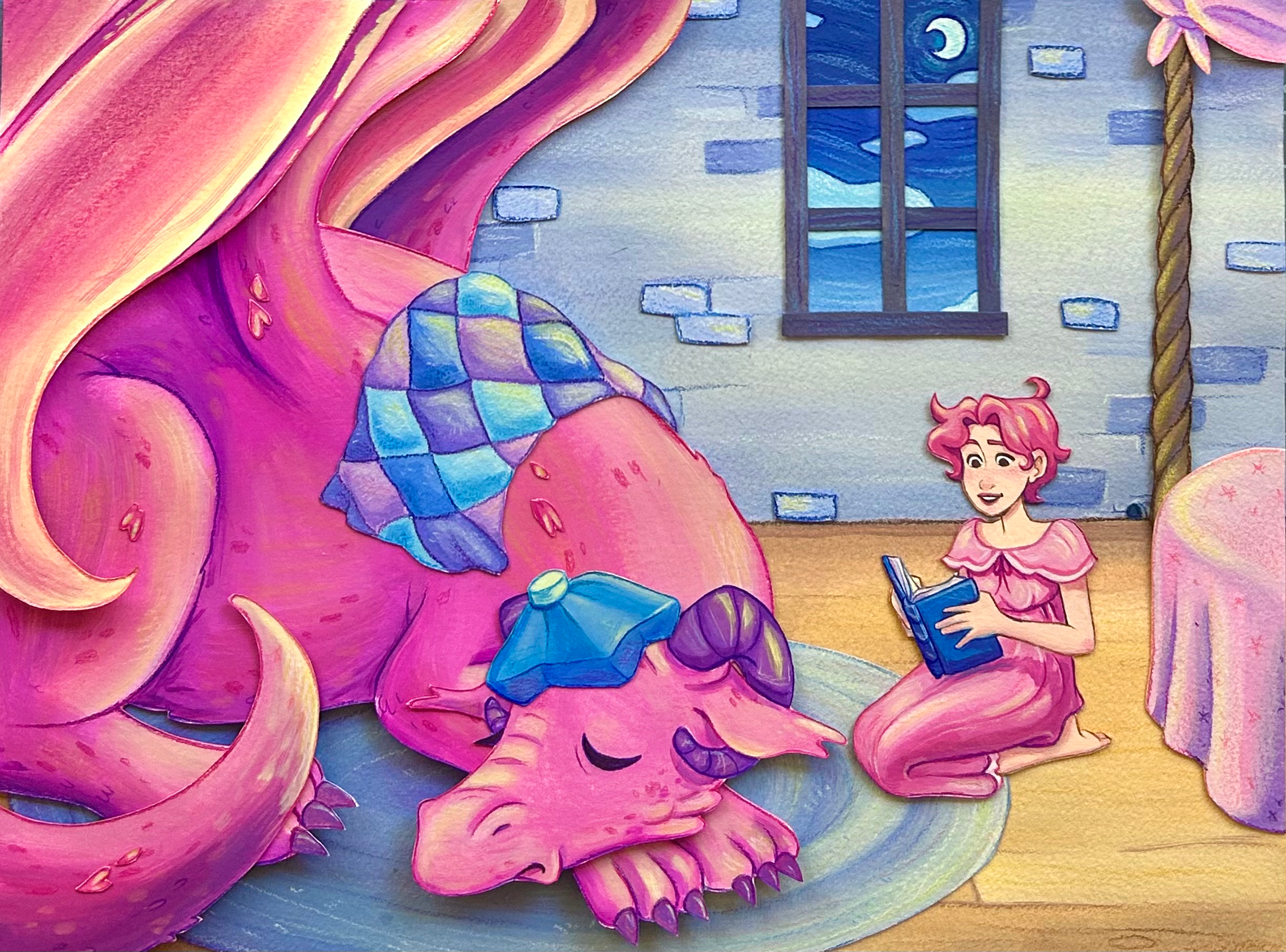 Rachael Songey, It Ain't Always Easy Being a Dragon, mixed media paper collage, 9 in
x 12 in, 2024.
Description: Two original characters, a princess taking care of her dragon with a cold.