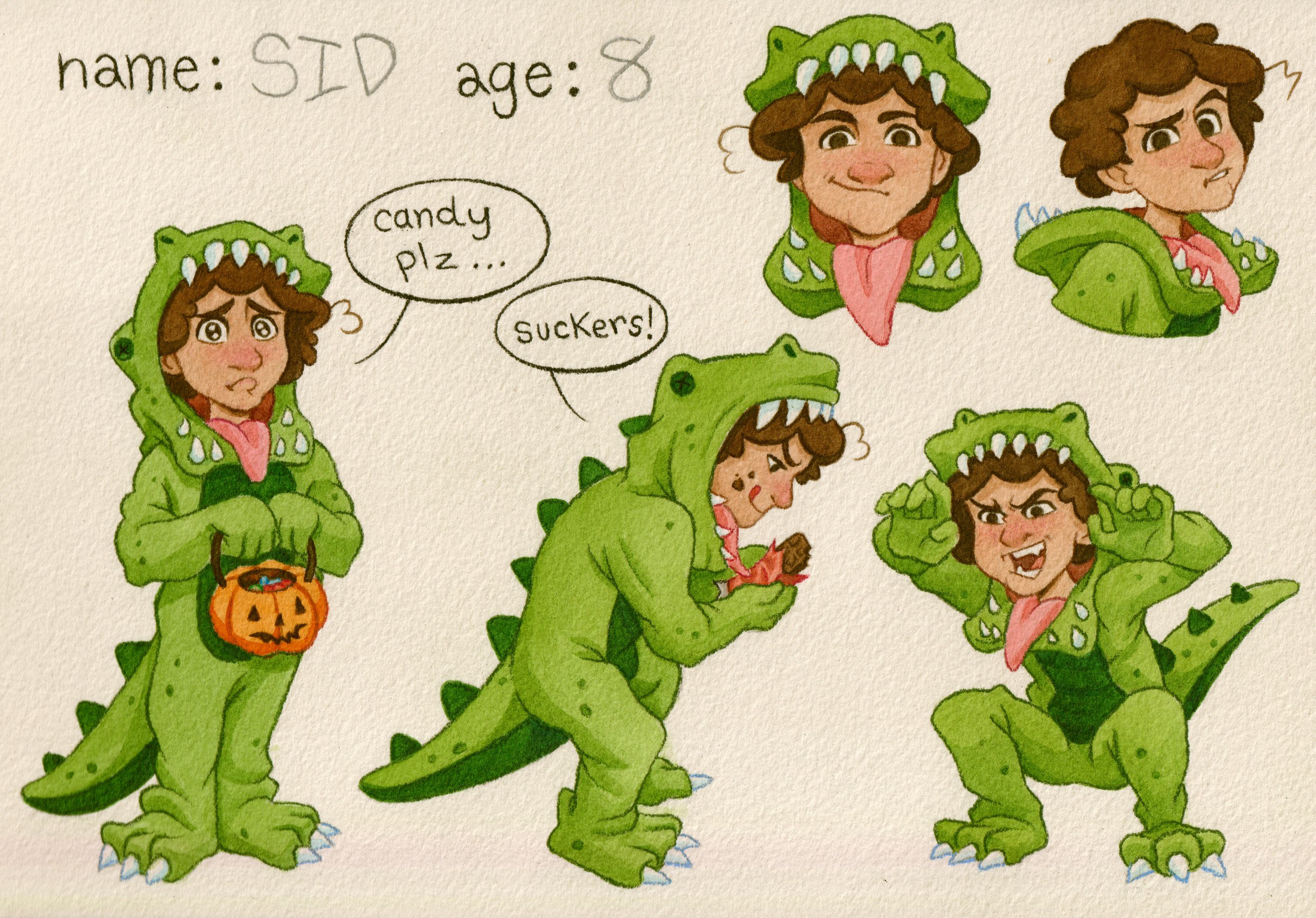 Rachael Songey, Sid Character Sheet, watercolor and colored pencil, 7 in x 10 in, 2026.

Description: Sid is a character based off of the artist’s partner when they dressed as a
dinosaur for Halloween as a child.