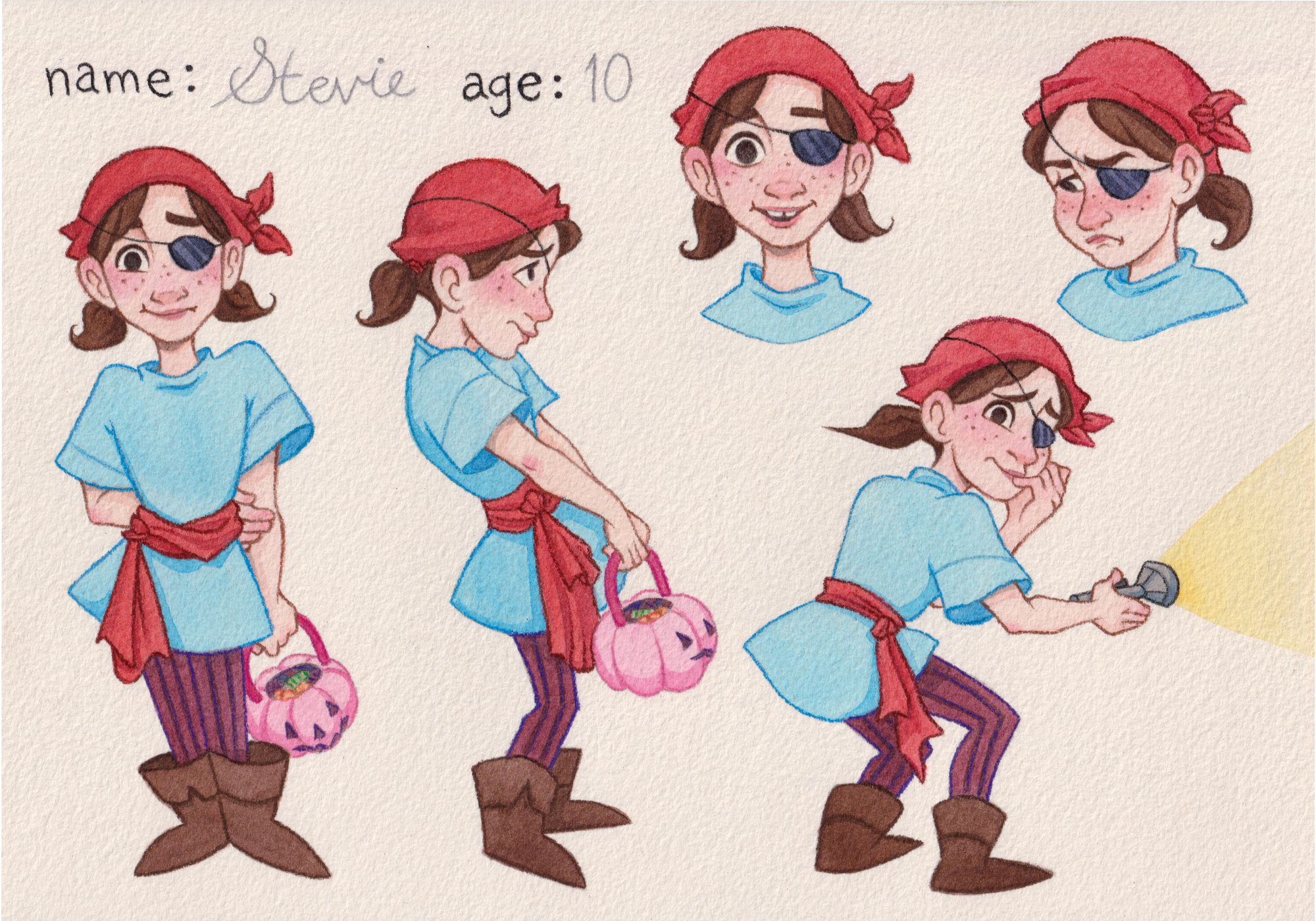 Rachael Songey, Stevie Character Sheet, watercolor and colored pencil, 7 in x 10 in, 2026.

Description: Stevie is a character based on the artist when she dressed as a pirate for
Halloween as a child.
