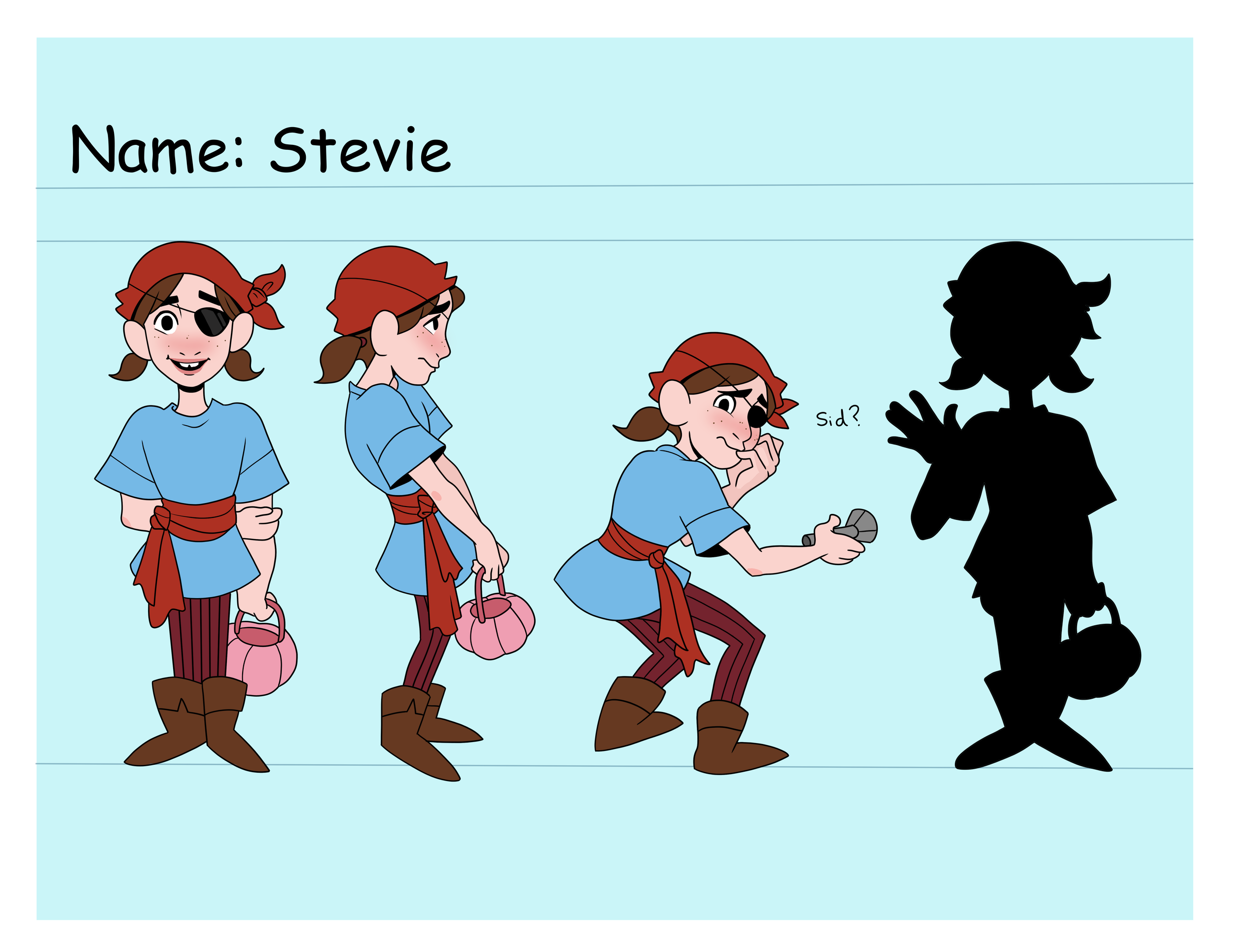 Rachael Songey, Stevie Character Sheet, digital, 8.5 in x 11 in, 2023.

Description: Stevie is a character based off of the artist when she dressed as a pirate for
Halloween as a child.
