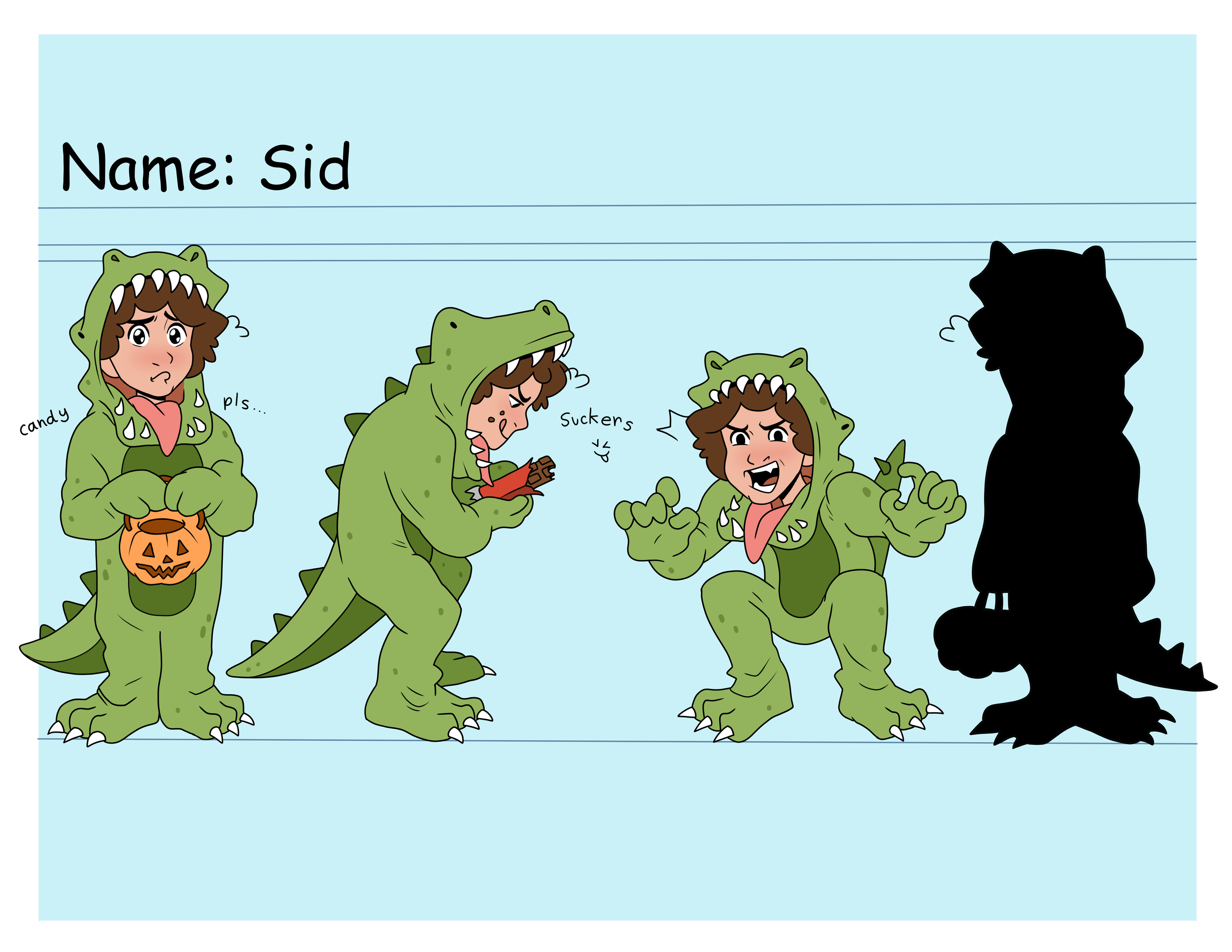 Rachael Songey, Sid Character Sheet, digital, 8.5 in x 11 in, 2023.

Description: Sid is a character based off of the artist’s partner when they dressed as a
dinosaur for Halloween as a child.