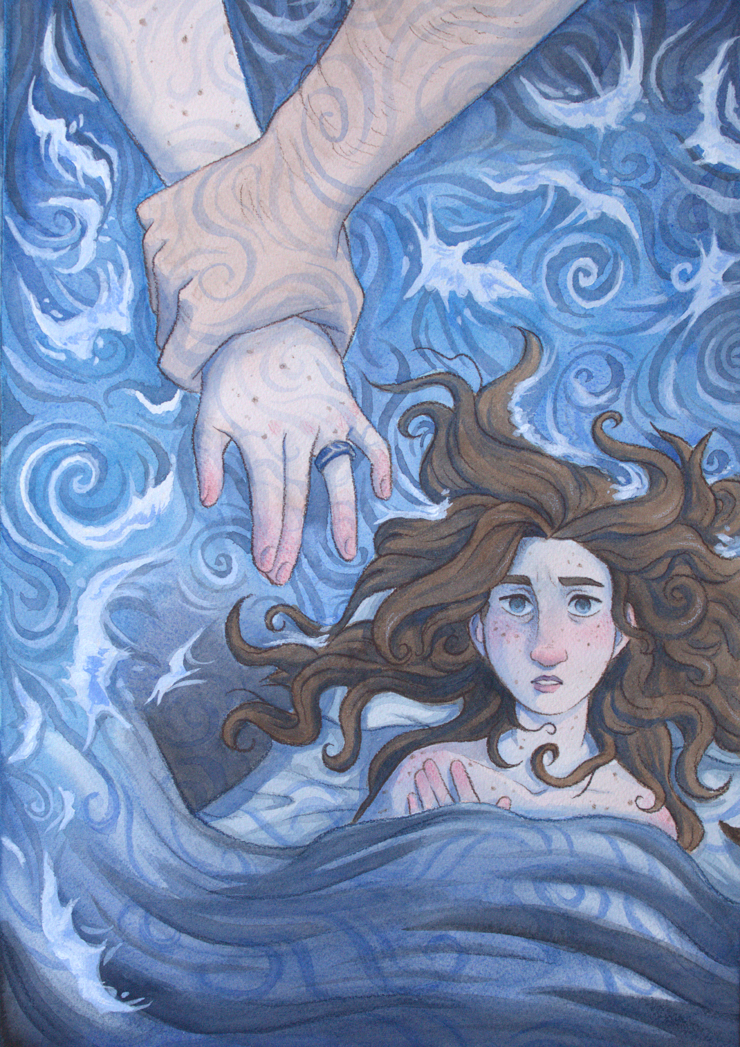 Rachael Songey, The Selchie’s Lament, p. 9, mixed media, 14 in x 10 in, 2026.