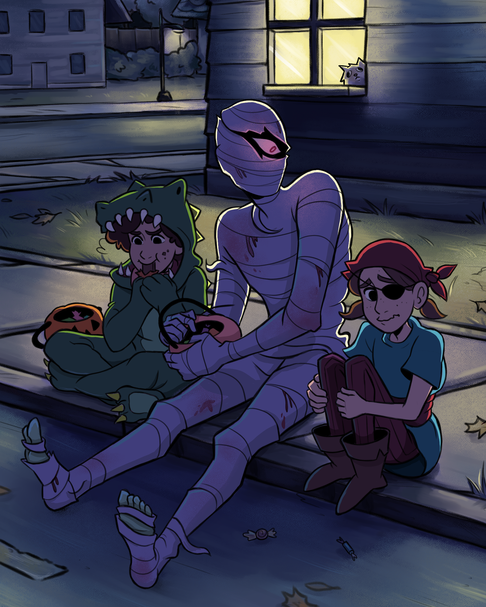 Rachael Songey, Halloween Fright, digital, 8 in x 10 in, 2023.

Description: The illustration depicts Sid, Stevie, and a mummy. The illustration
references a mini comic where the two children encounter a real mummy when trick or treating.