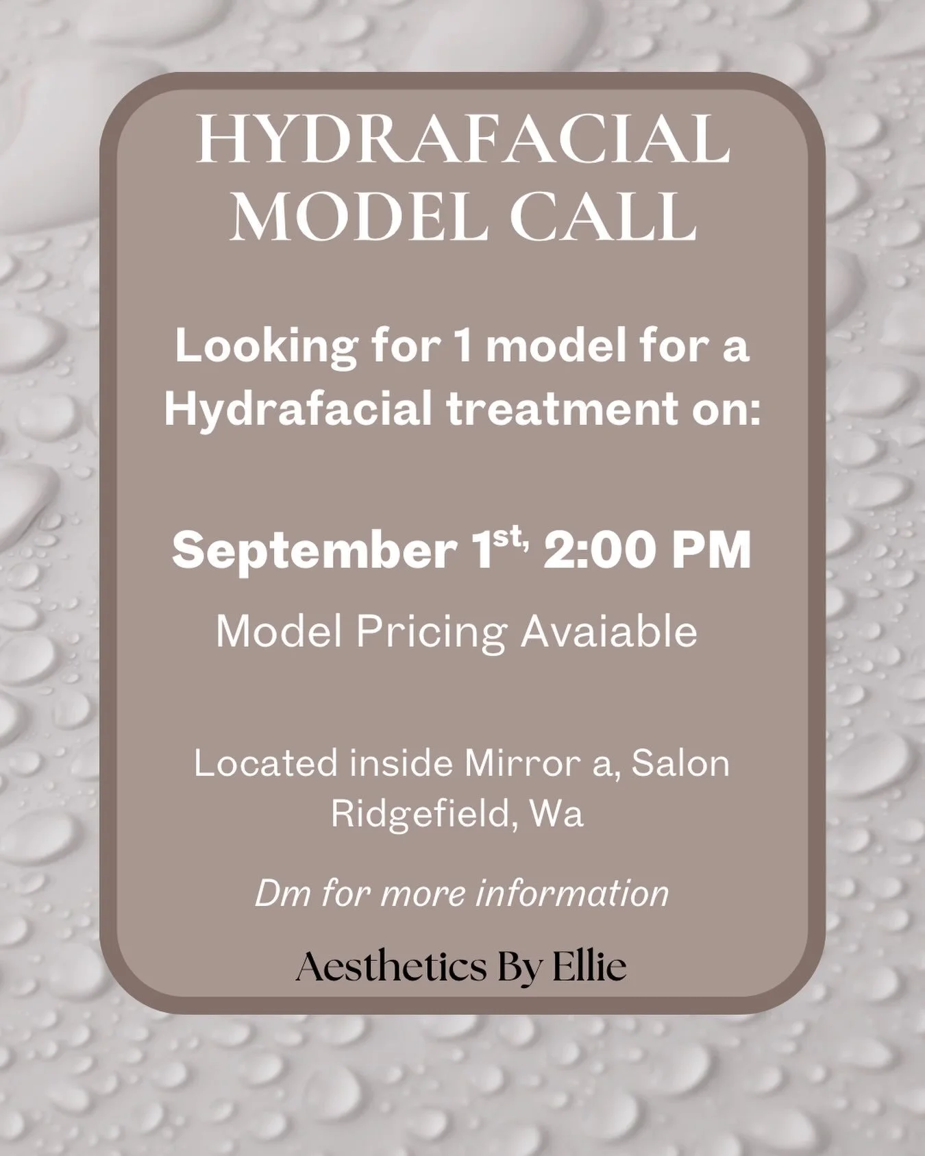 I&rsquo;m looking for 1 model for a Hydrafacial treatment!

This is a great opportunity to experience a customized Hydrafacial at a special model rate while helping me continue to provide the best possible treatments for my clients.

If you&rsquo;re 