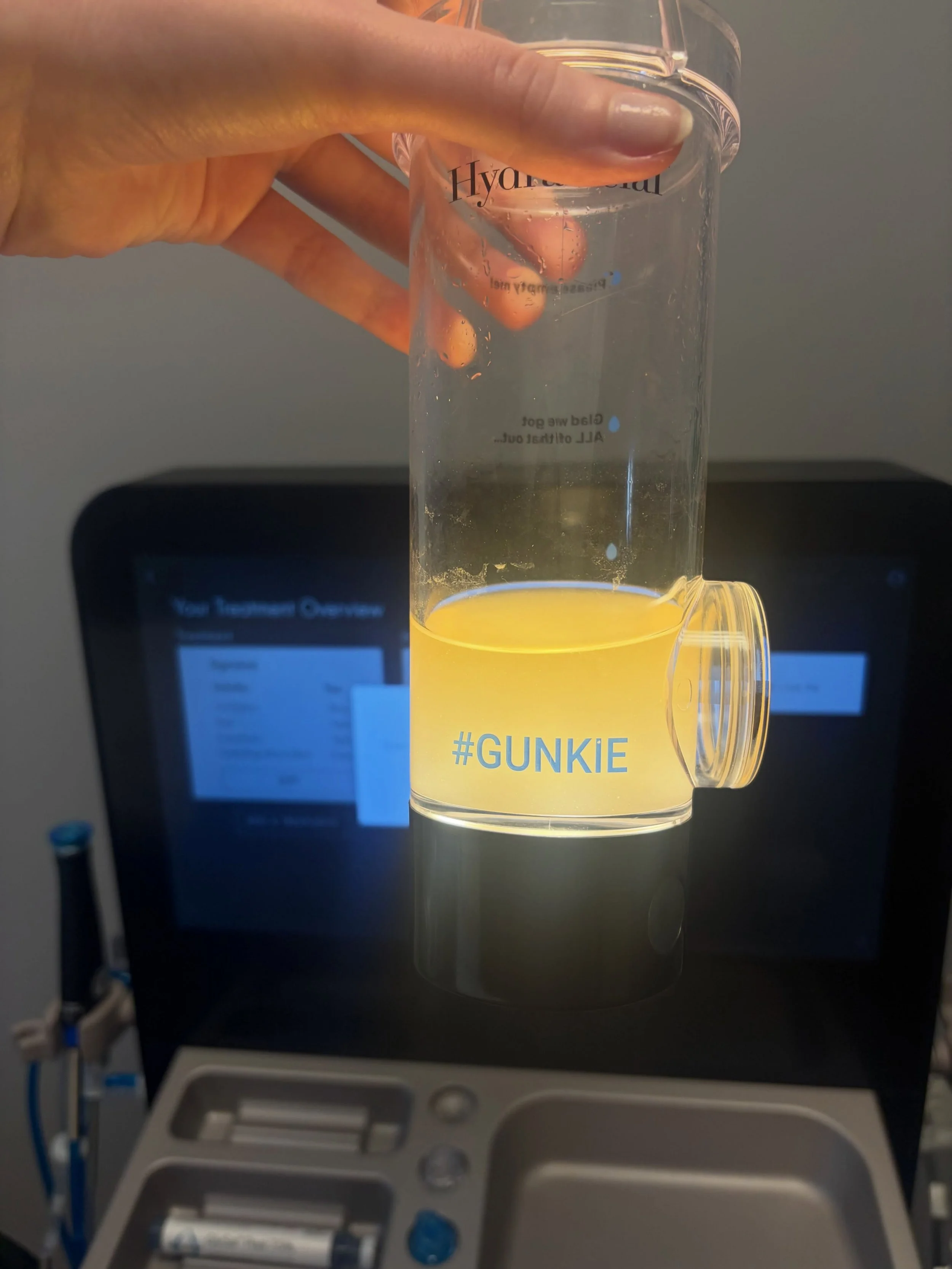 One of the most satisfying parts of a Hydrafacial is seeing what gets picked up during your treatment!

The Gunkie Jar collects the oil, makeup residue, dead skin cells, and other impurities that are removed from your skin throughout your Hydrafacial