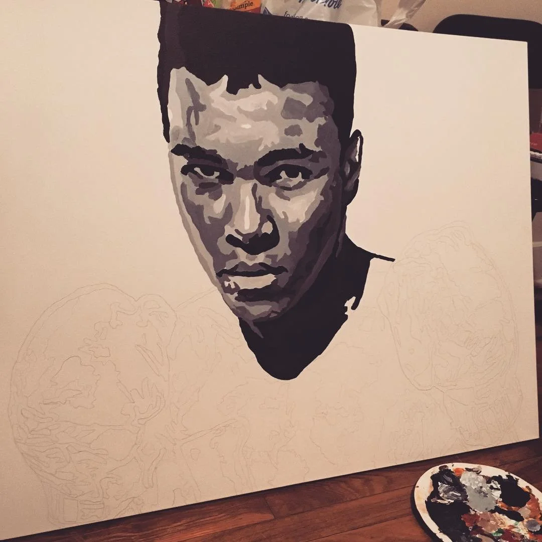 "Suffer now and live the rest of your life as a champion" Can't be afraid to put the work in ... 30 x 40 Acrylic on Canvas  #WIP #DevyyArt #muhammadali #ali #cassiusclay #blackart