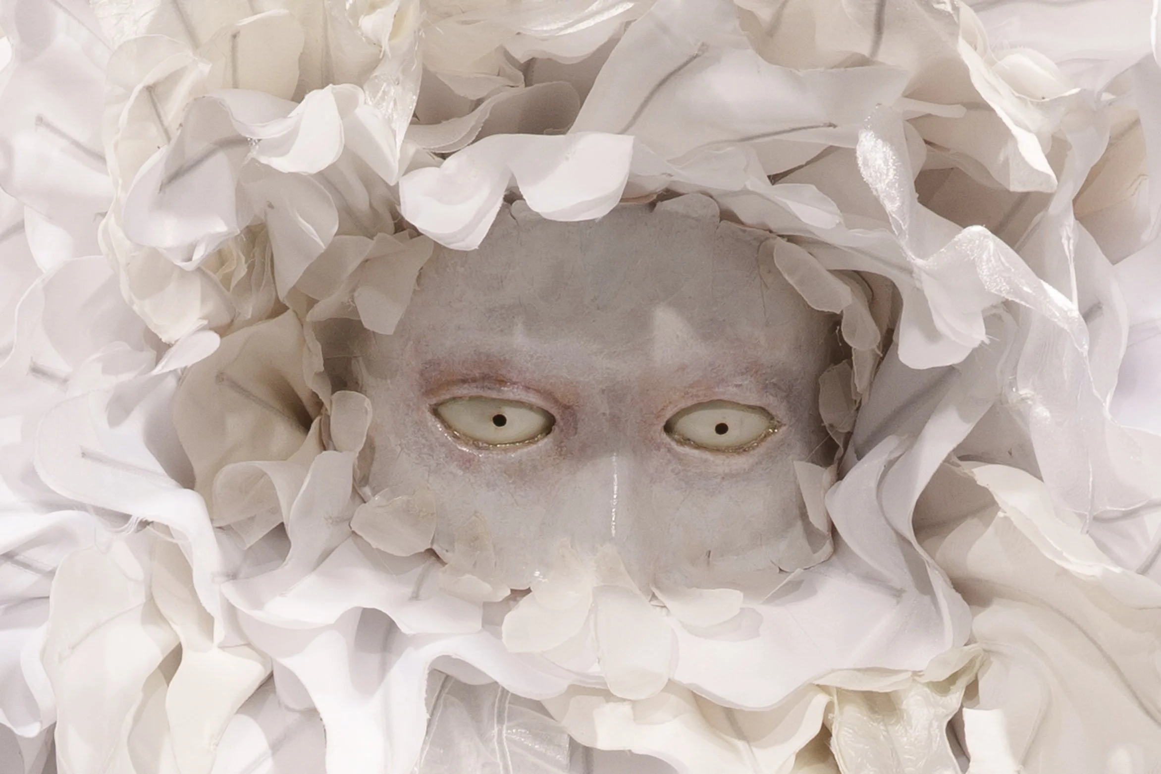 "Wallflower", 2026. Brocade, organza, polyester, Polyfill, wire, wood, resin. Featured in the 2026 Senior Thesis Exhibition at Rhodes College.