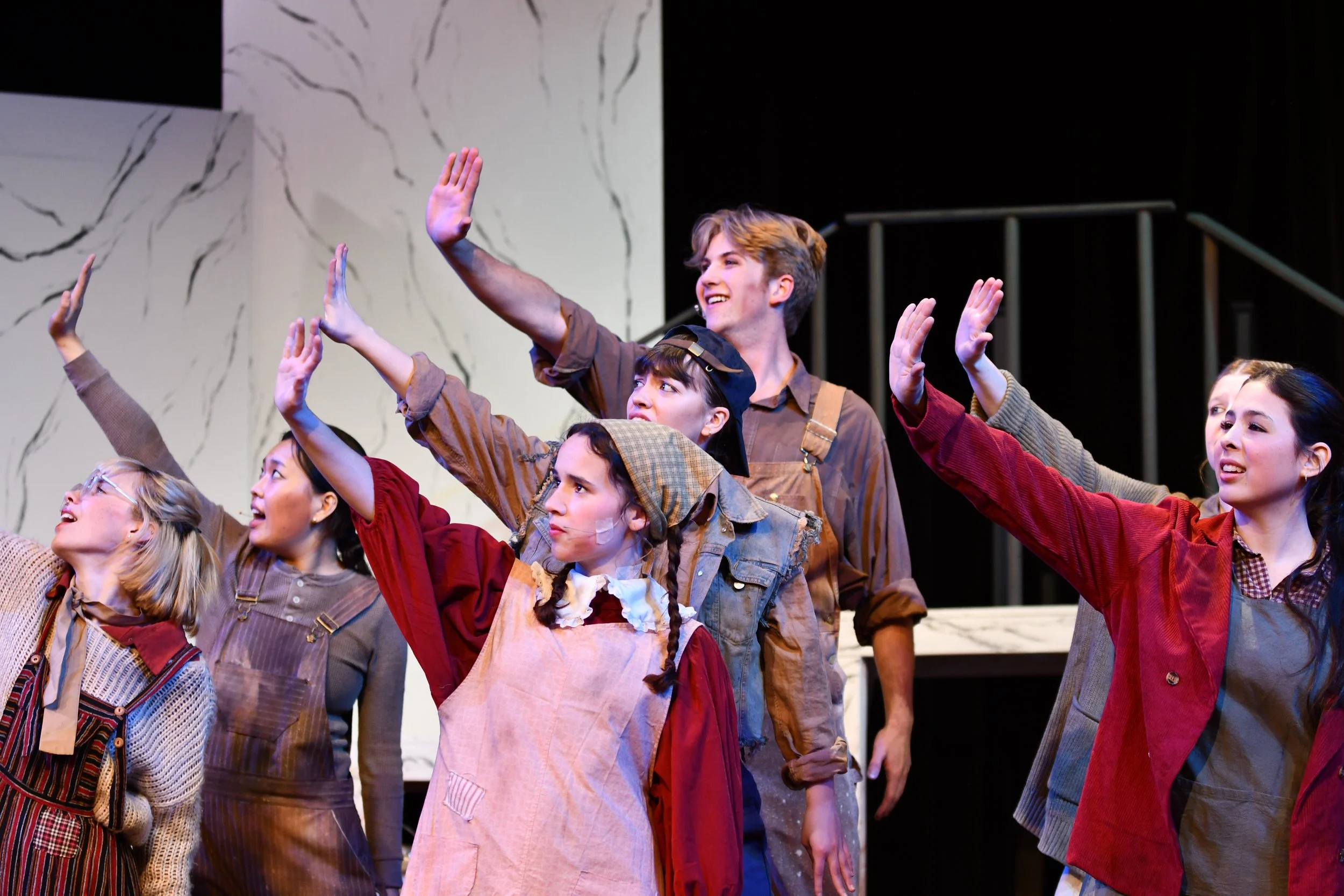 "Urinetown", Spring 2026. Directed by Claire D. Kolheim. Written by Greg Kotis. Photo: (left to right) Theo Lord, Jeongeum Woo, Ava Gabriel, Nat Gunter, Kevin Lechner, Sam Divis.