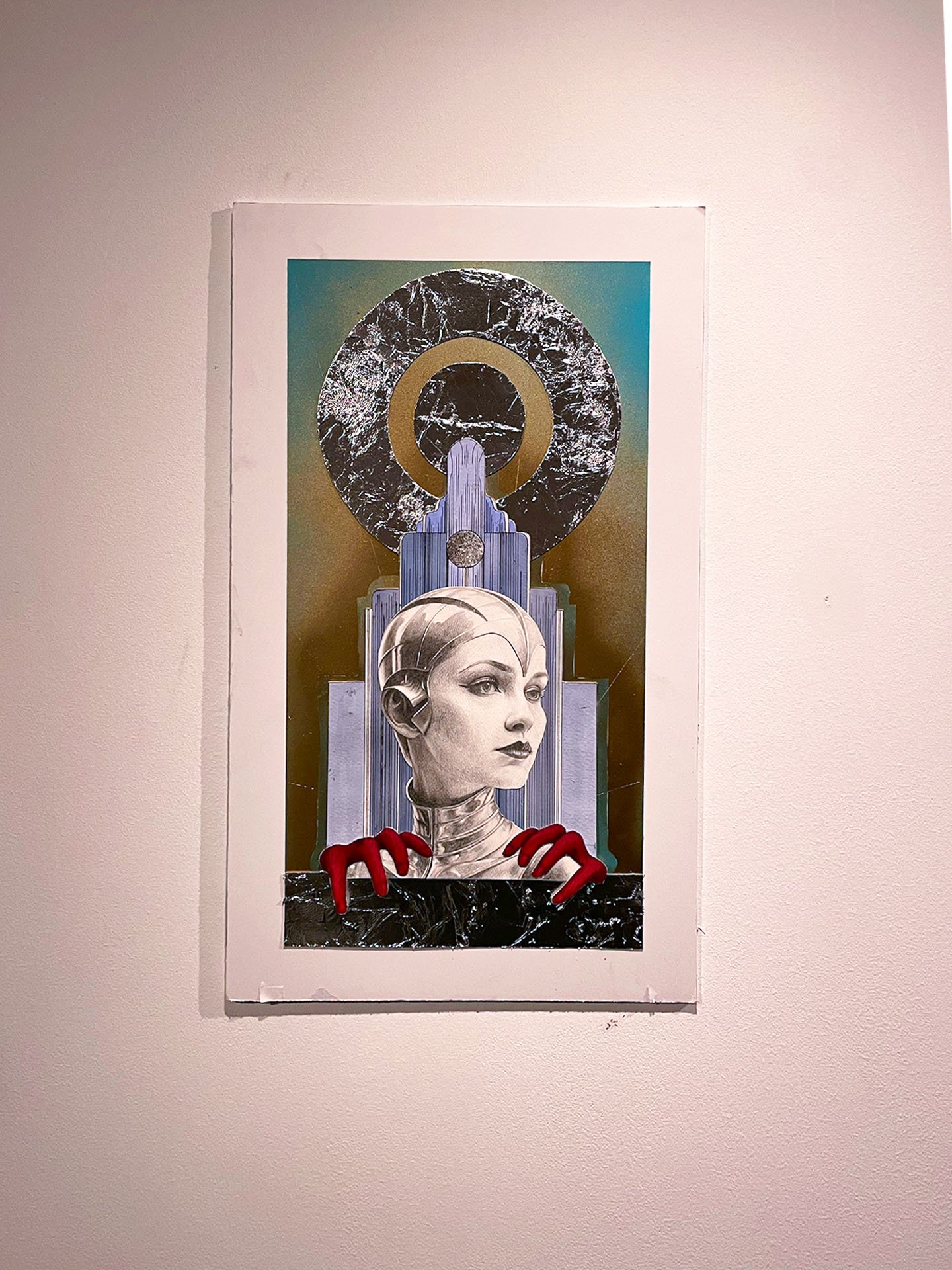 "FACE FUTURE PAST", 2024. Graphite, gouache, ink, silver leaf, spray paint, mixed media paper, foam board.