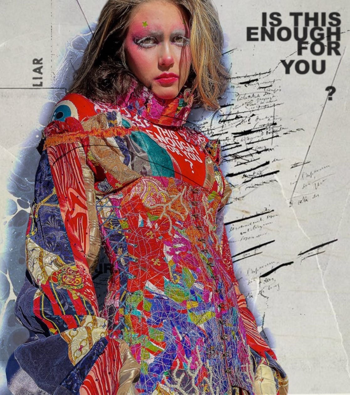 "IS THIS ENOUGH FOR YOU? (Patchwork No.1)", 2023. From the Patchwork Photo Series. 
Various fabrics, pearl beads, chain, boning, brass eyelets & fasteners, pleather boots, bodysuit, paint.
Makeup & Photography by Lillian Hall.