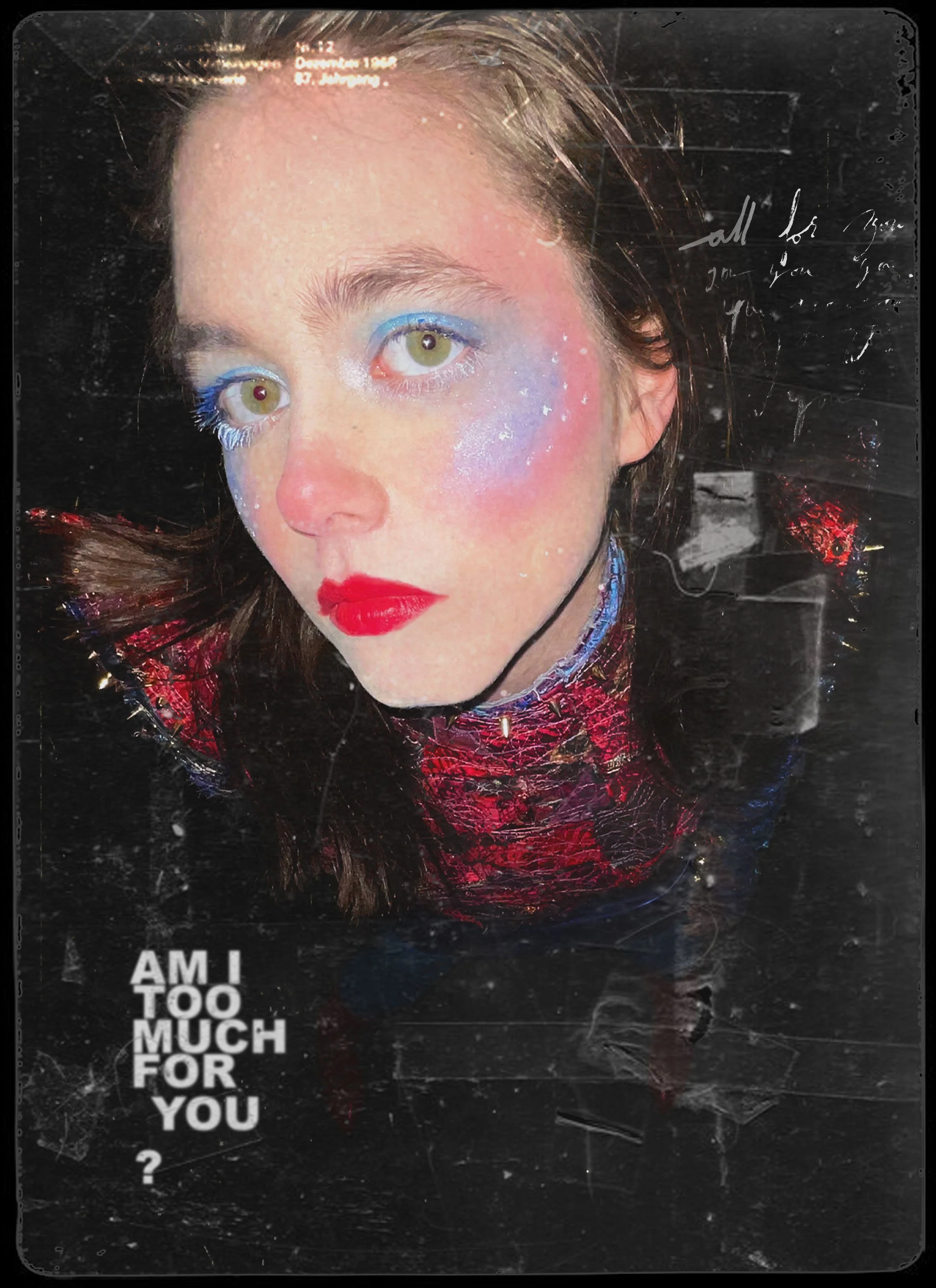 "AM I TOO MUCH FOR YOU? (Patchwork No.2)", 2026. From the Patchwork Photo Series. 
Various fabrics, thread. zipper, ribbon, brass studs; leather heeled boots, tights, leather skirt, chain belt.
Makeup & Photography by Lillian Hall.