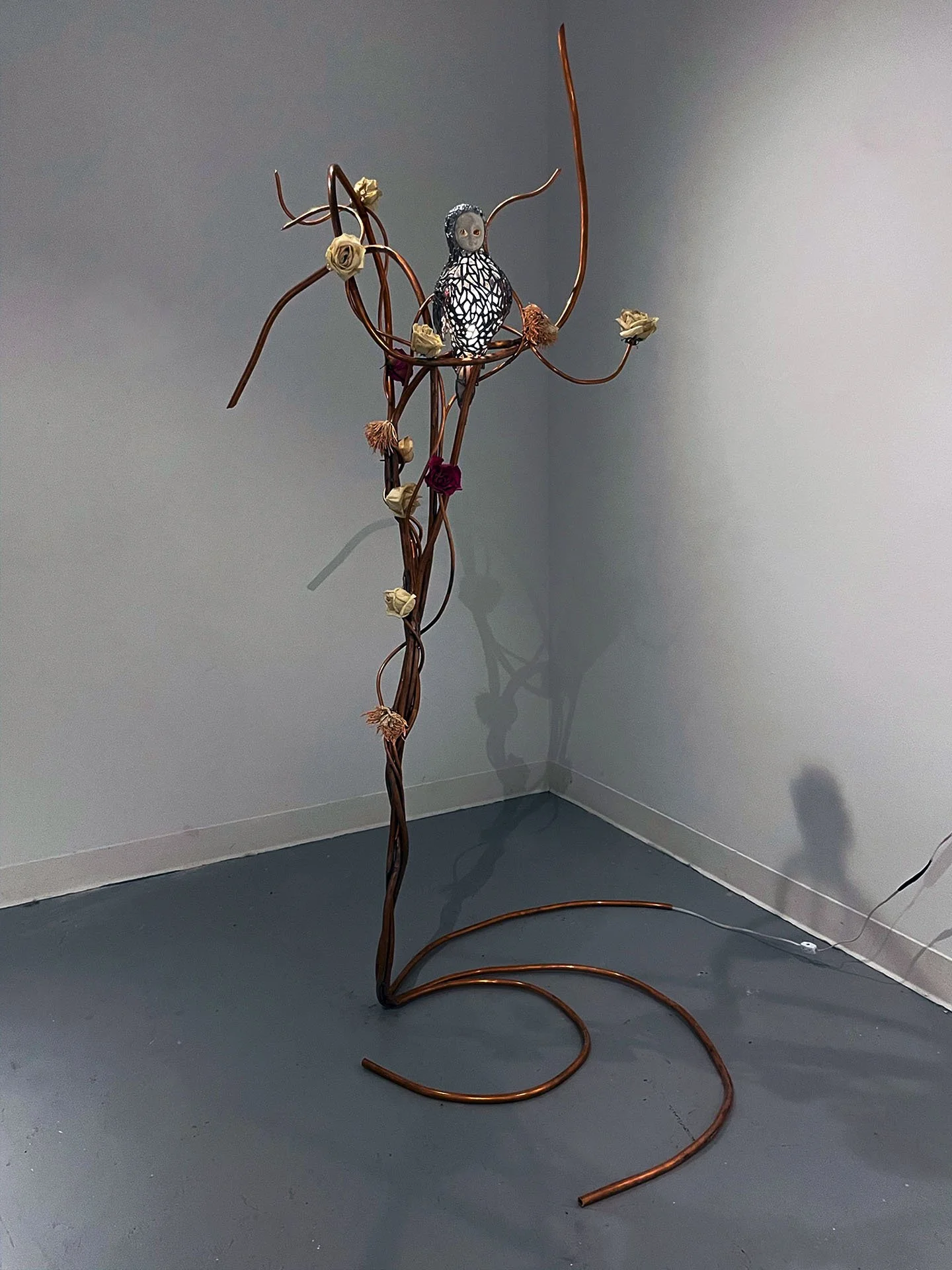 "And You Were There Too (Spring Wedding 1996)", 2025. Stained glass & ceramics, solder, plaster, copper, light bulb & socket, dried flowers