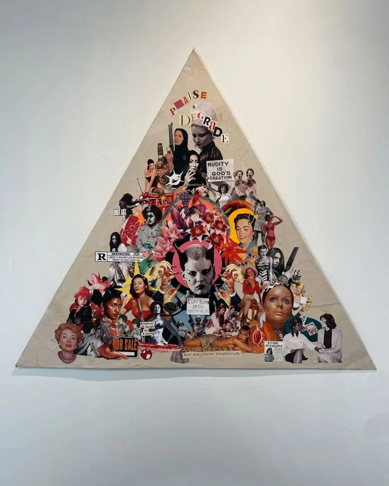 "Praise & Degrade," 2024. Collaged images, newsprint, cardboard. 