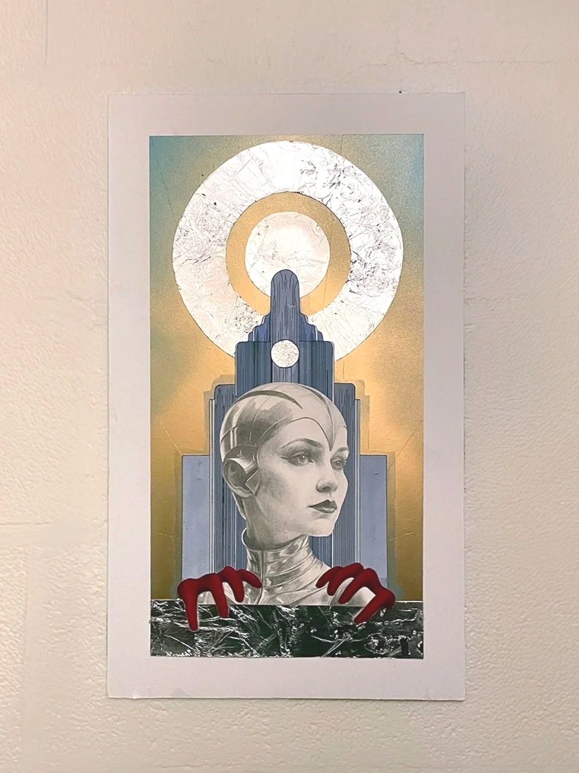 "FACE FUTURE PAST," 2024. Graphite, gouache, ink, silver leaf, spray paint, mixed media paper, foam board.