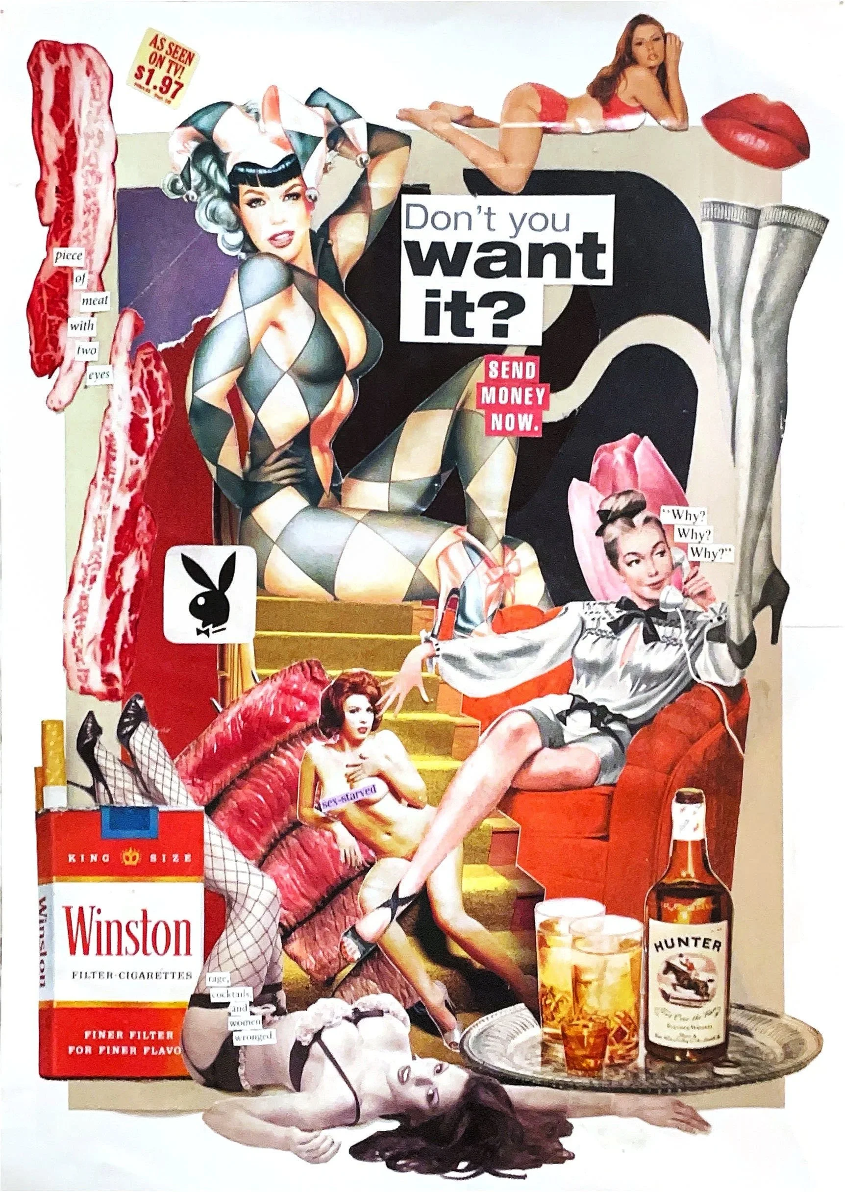 "Don't You Want It?" 2025. Collage. Mixed media paper, vintage Playboy magazines. 13.4 x  10in.