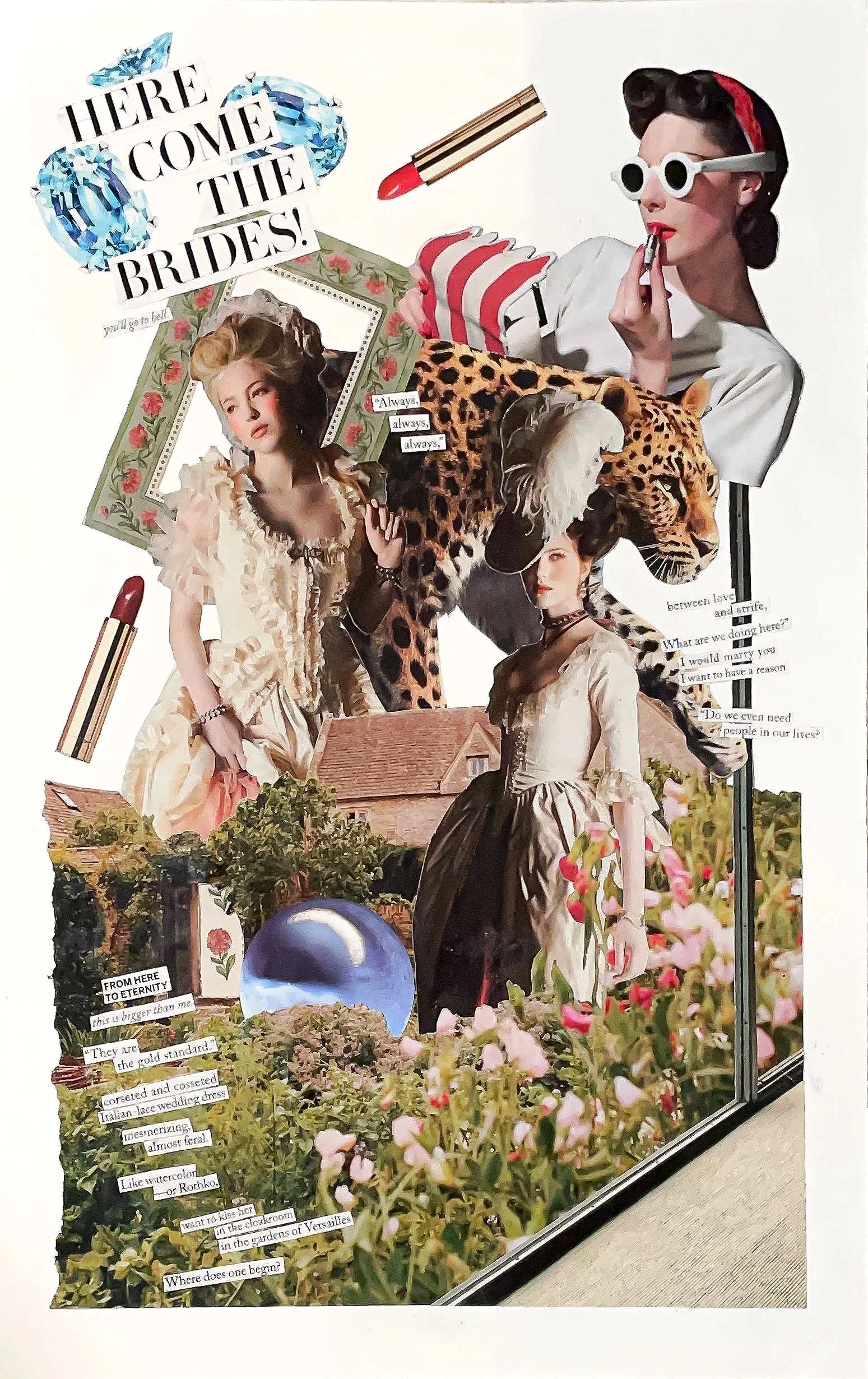 "Here Come the Brides," 2025. Collage. Mixed media paper, Vogue magazines. 14.5 x 9.5in.