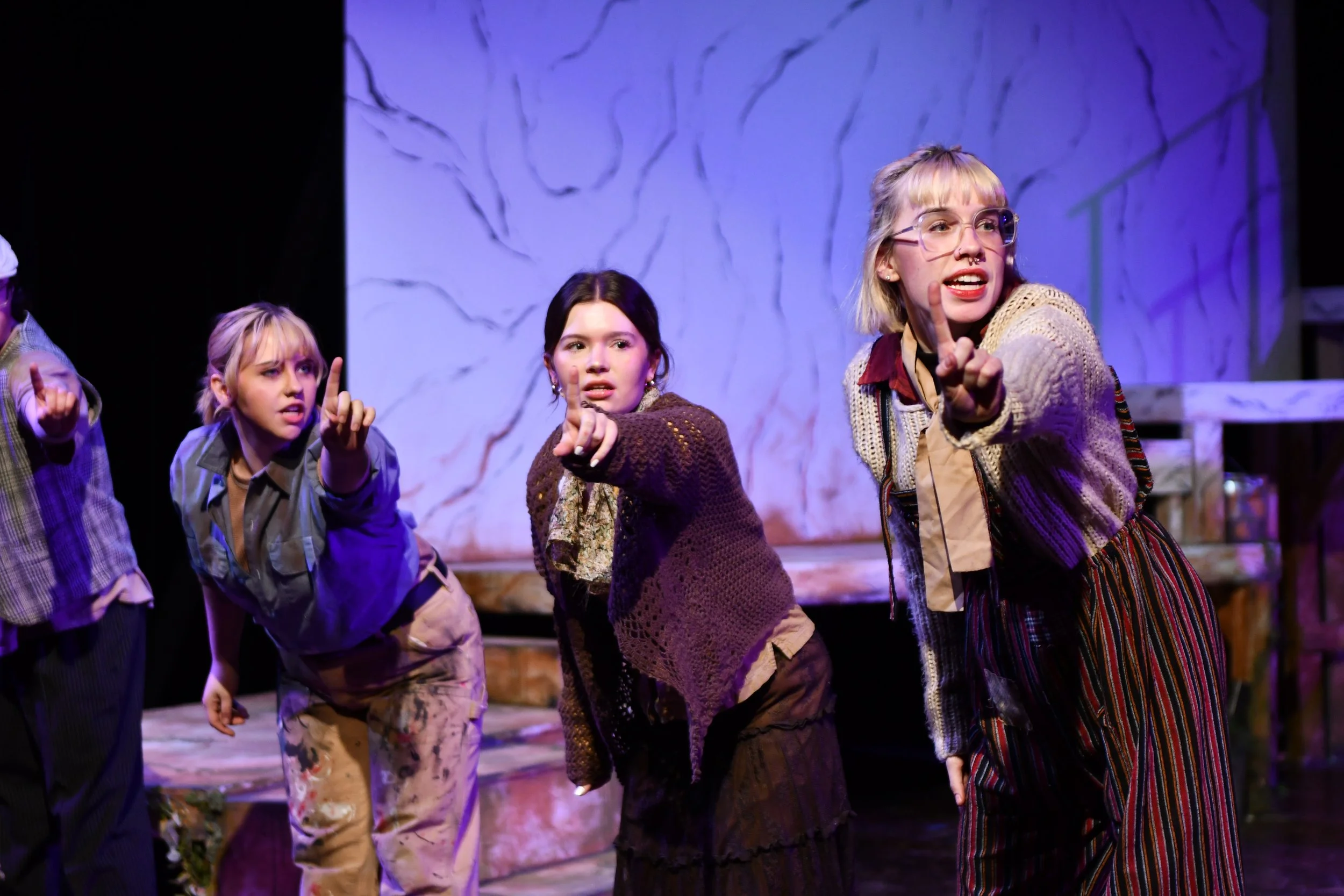 "Urinetown", Spring 2026. Directed by Claire D. Kolheim. Written by Greg Kotis. Photo: (left to right) Elm Shreeve, Anna Carl, Theo Lord