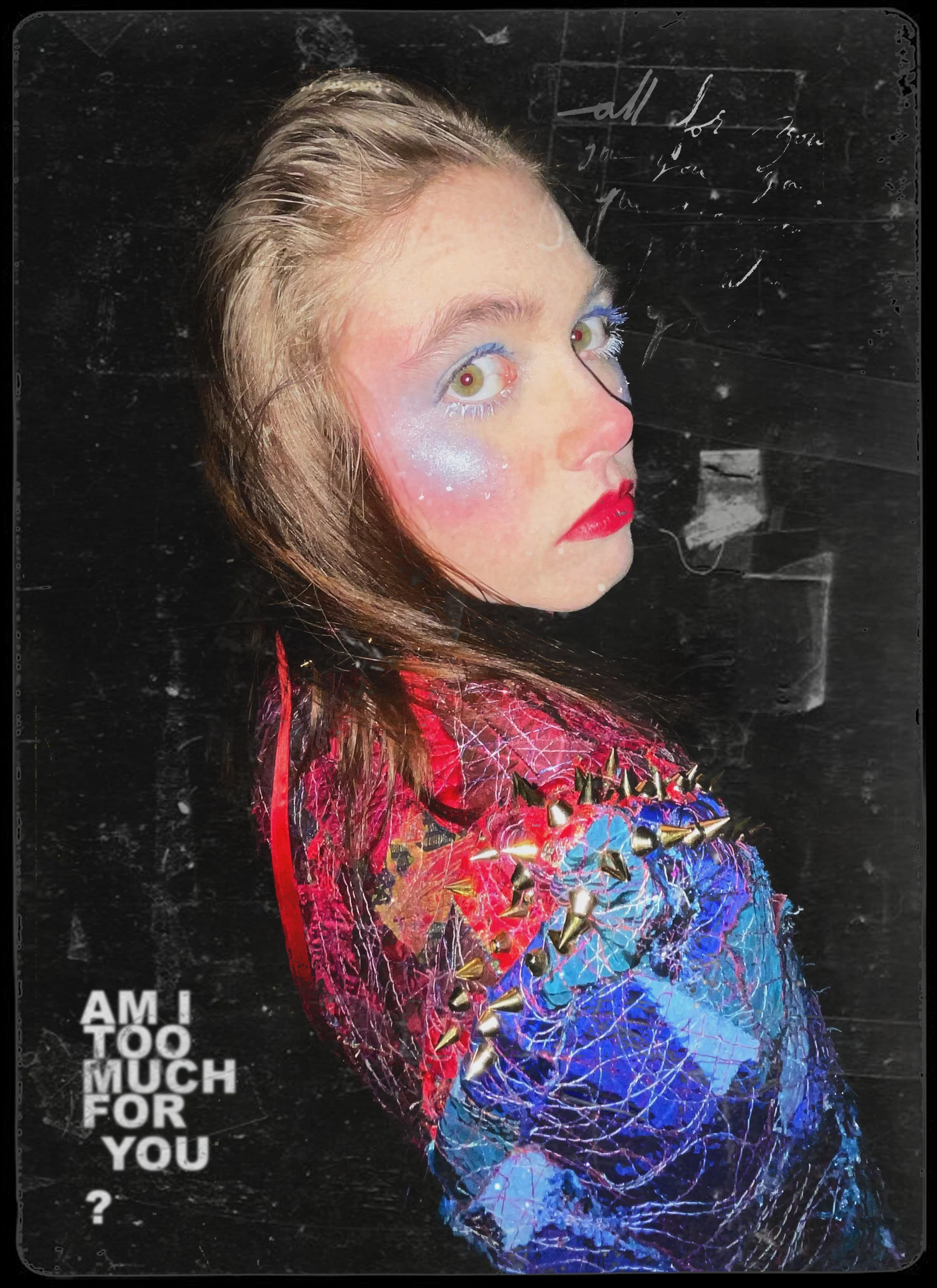 "AM I TOO MUCH FOR YOU? (Patchwork No.2)", 2026. From the Patchwork Photo Series. 
Various fabrics, thread. zipper, ribbon, brass studs; leather heeled boots, tights, leather skirt, chain belt.
Makeup & Photography by Lillian Hall.