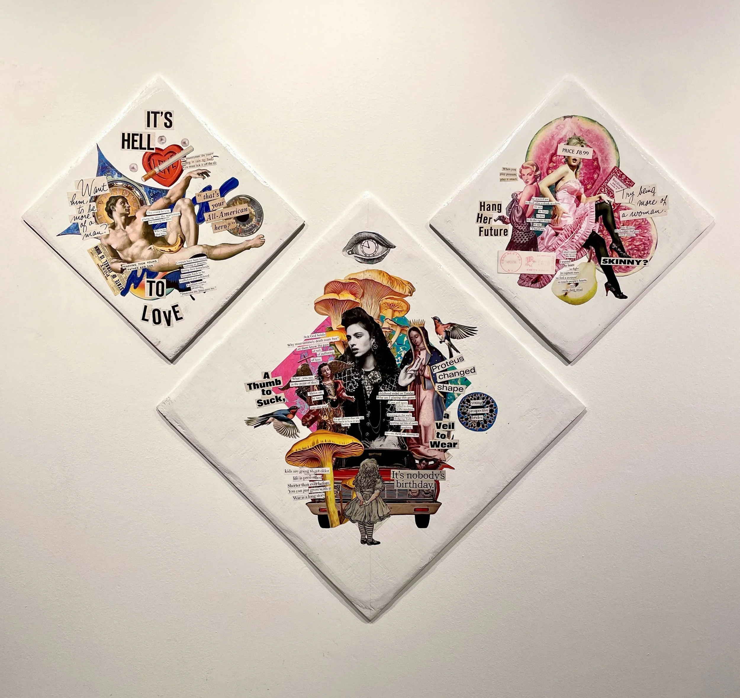 "Family Triptych", 2024. Collage. Wood, magazines, paint, glue.