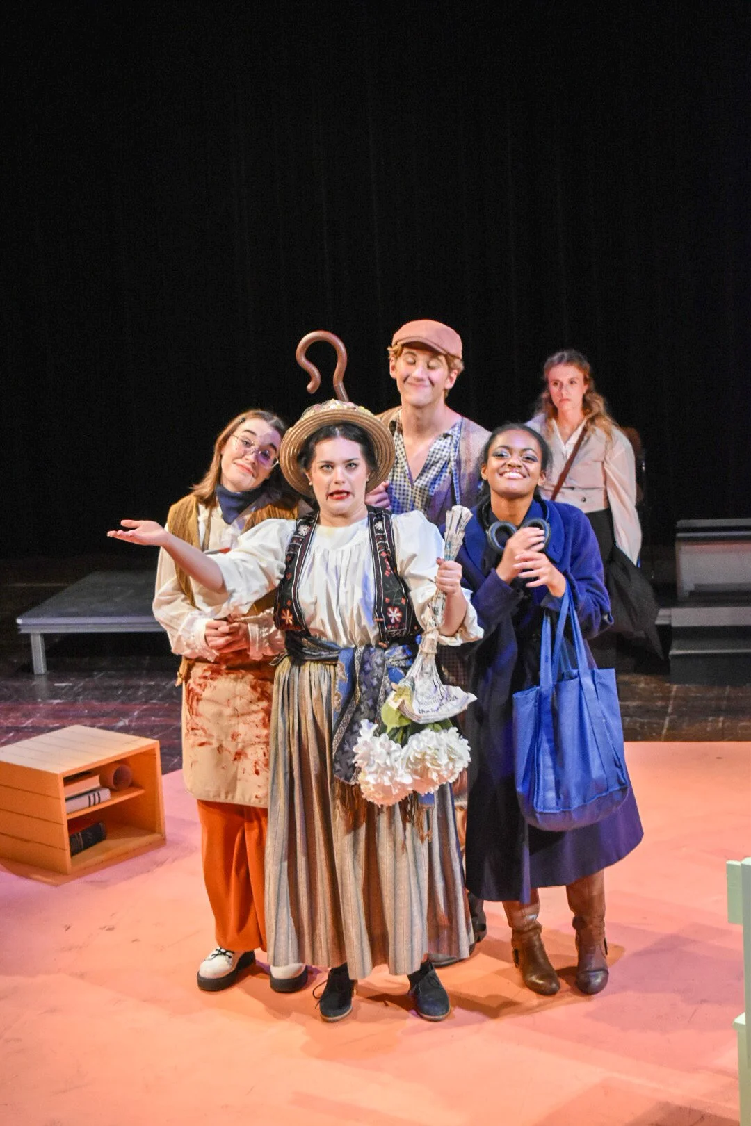 "Fools", Fall 2023. Directed by Jamie Boller-Raup. Written by Neil Simon. Photo: (left to right) Theo Lord, Lily Russell, Kevin Lechner, Cierra May, Kathryn Dressel.