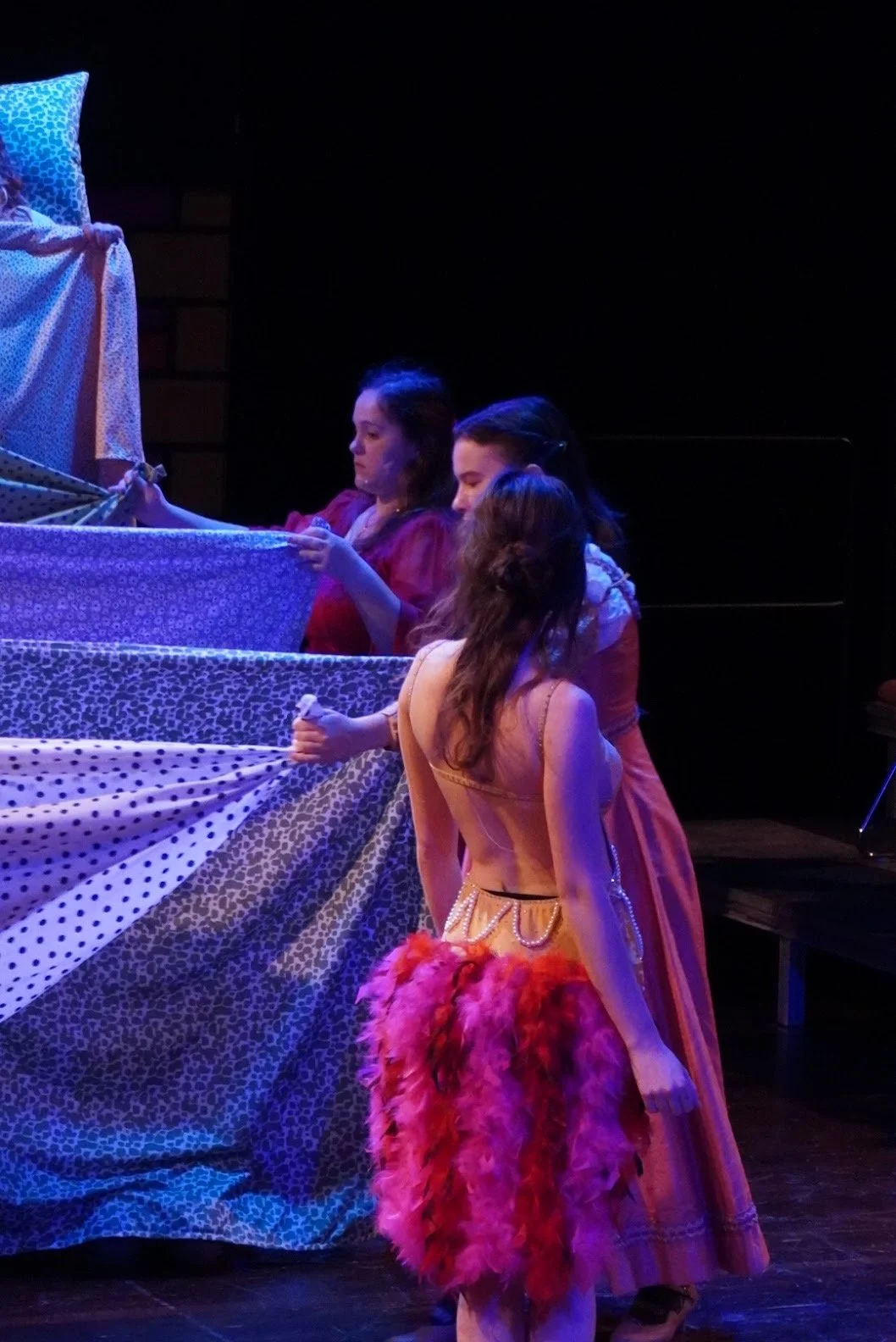 "Once Upon A Mattress", Spring 2023.  Photo: Milena Murov (center), Riley Marzola & Hilde Medovich (back).
