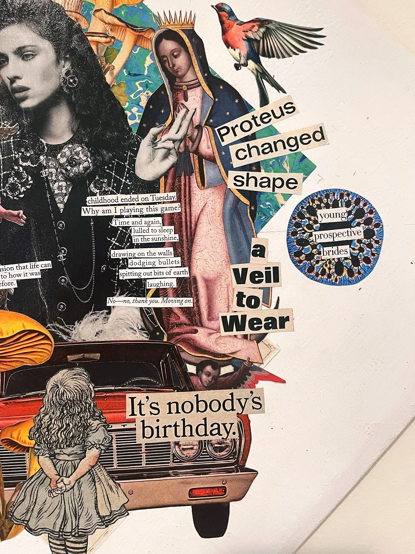 "Family Triptych", 2024. Collage. Wood, magazines, paint, glue.